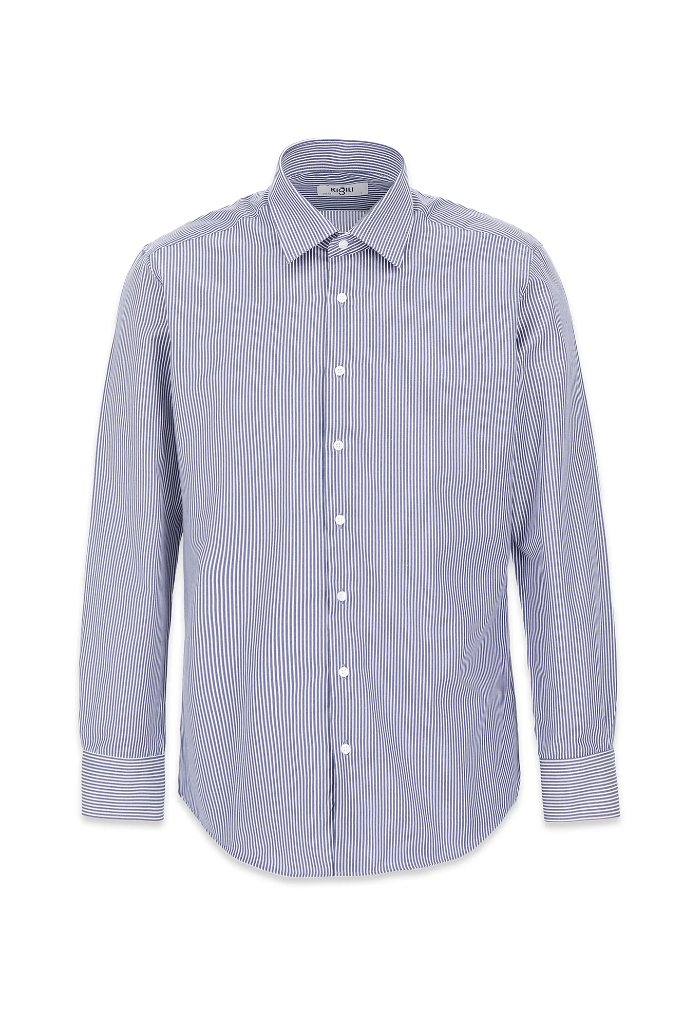 Koyu Lacivert Uzun Kol Slim Fit Çizgili Klasik Yaka Pamuklu Kolay Ütülenebilir Gömlek - Image 6