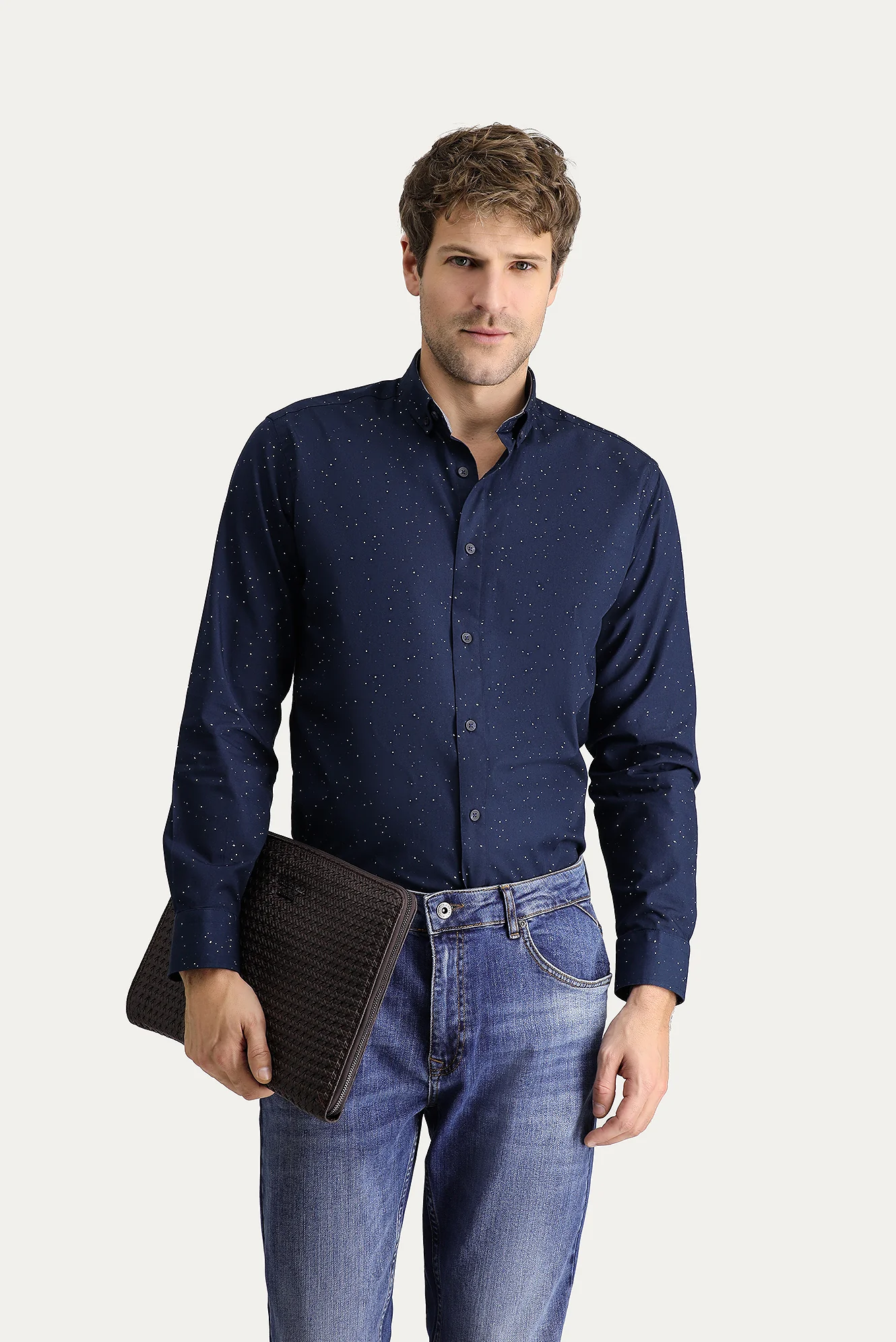 Koyu Lacivert Uzun Kol Slim Fit Dar Kesim Baskılı Pamuk Düğmeli Yaka Gömlek - Image 2