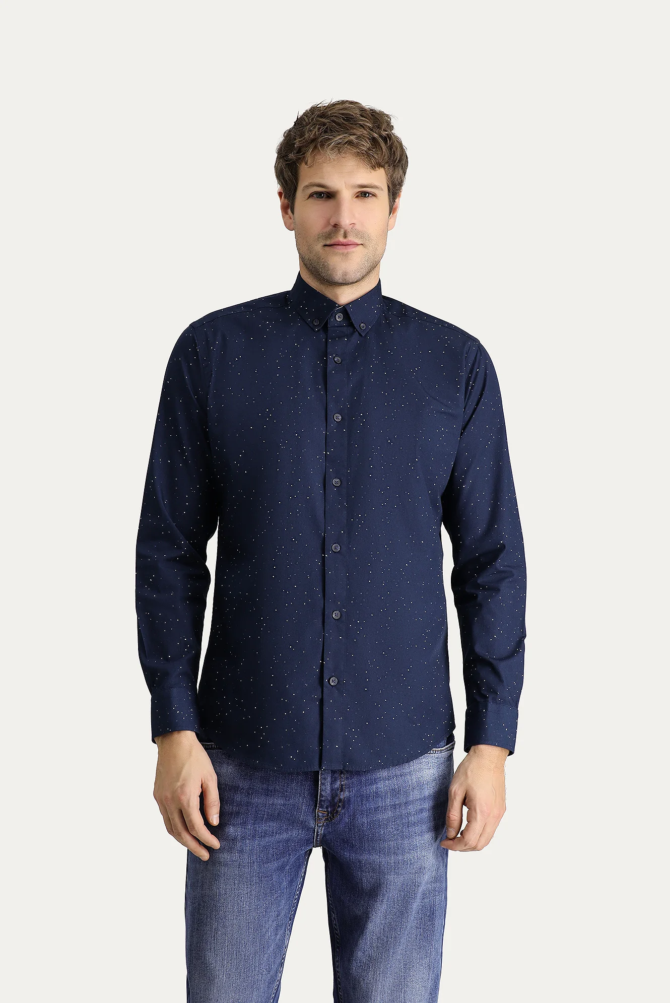 Koyu Lacivert Uzun Kol Slim Fit Dar Kesim Baskılı Pamuk Düğmeli Yaka Gömlek - Image 3