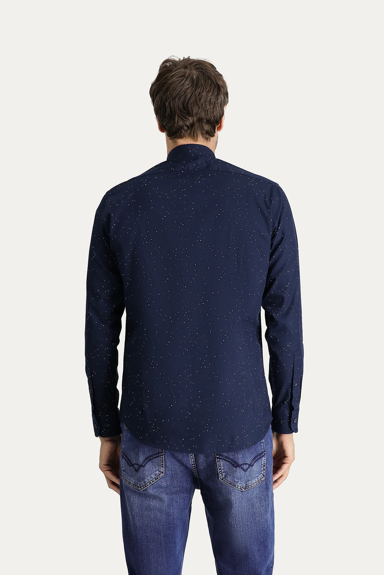 Koyu Lacivert Uzun Kol Slim Fit Dar Kesim Baskılı Pamuk Düğmeli Yaka Gömlek - Image 4
