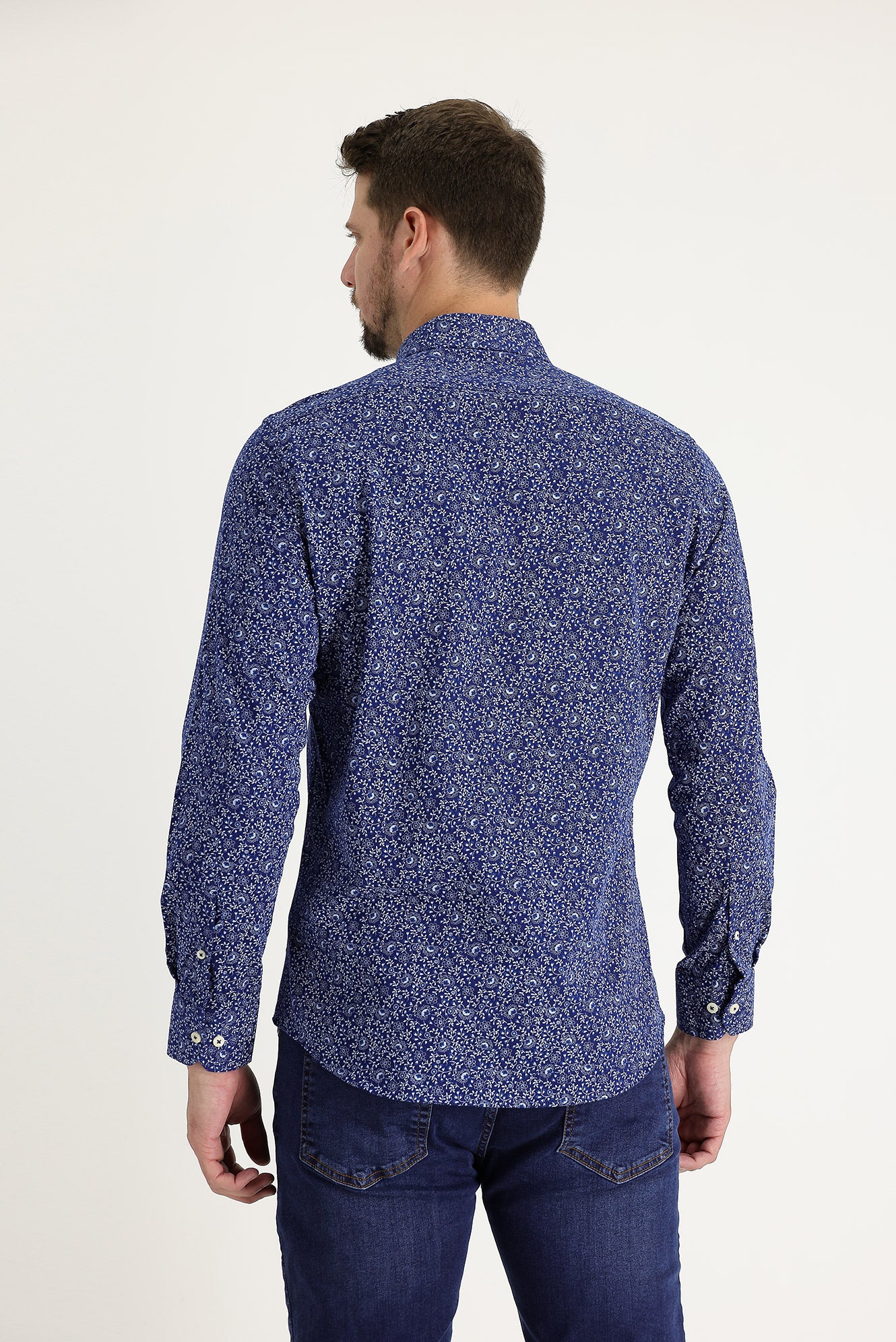 Koyu Lacivert Uzun Kol Slim Fit Dar Kesim Baskılı Pamuk Gömlek - Image 3