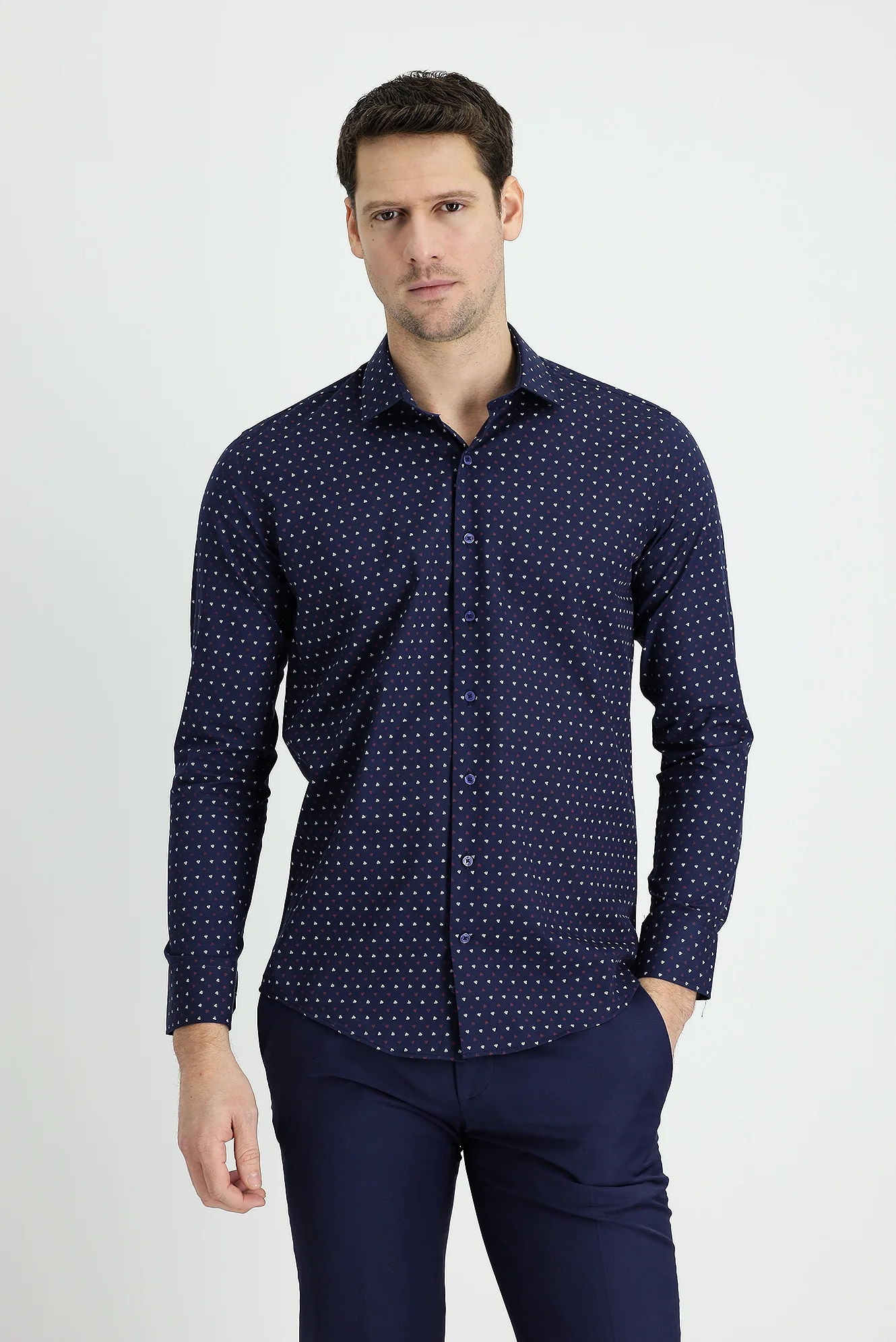 Koyu Lacivert Uzun Kol Slim Fit Dar Kesim Baskılı Pamuk Gömlek - Image 2