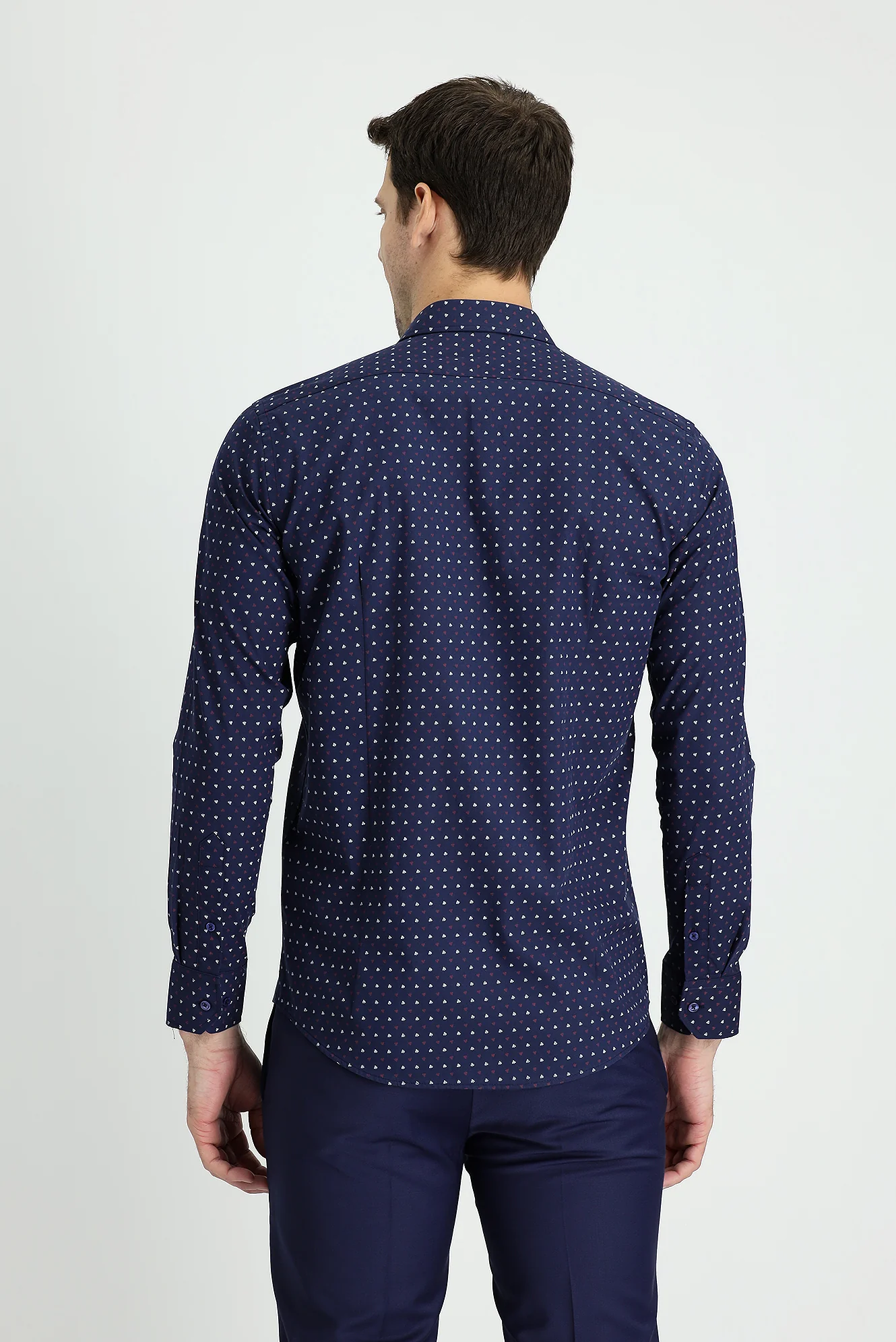 Koyu Lacivert Uzun Kol Slim Fit Dar Kesim Baskılı Pamuk Gömlek - Image 3