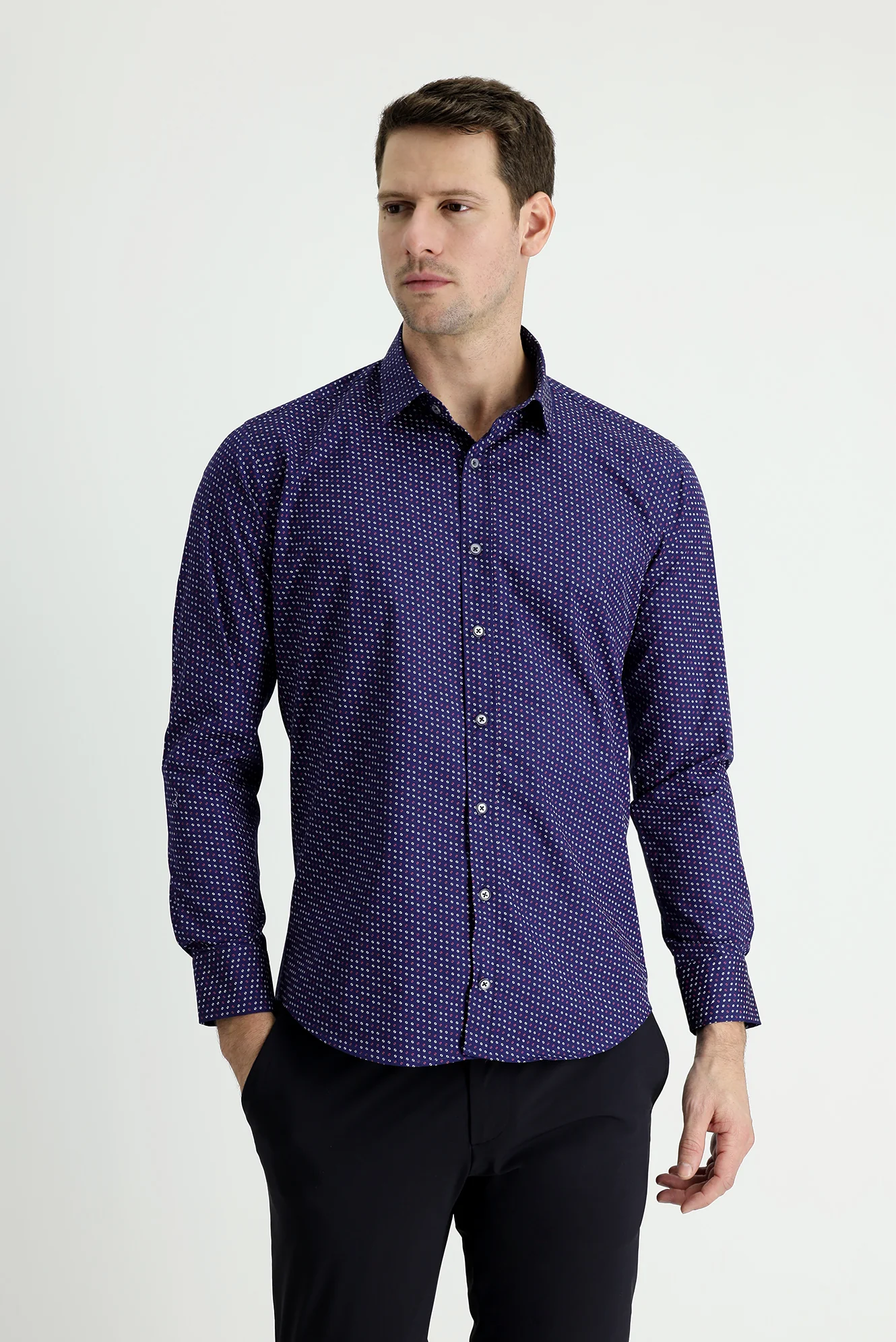 Koyu Lacivert Uzun Kol Slim Fit Dar Kesim Baskılı Pamuk Gömlek