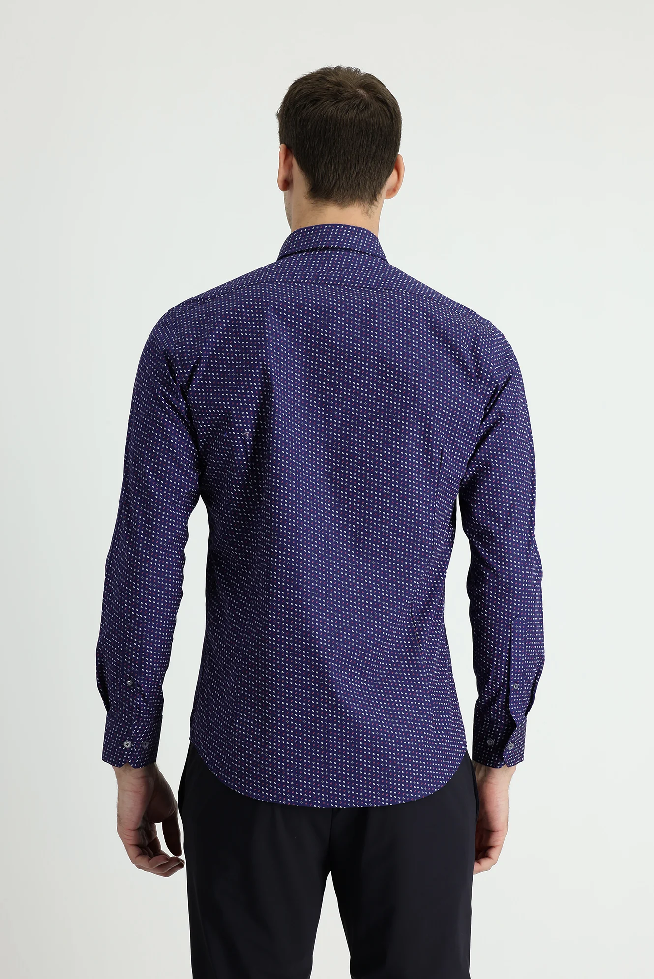 Koyu Lacivert Uzun Kol Slim Fit Dar Kesim Baskılı Pamuk Gömlek - Image 2