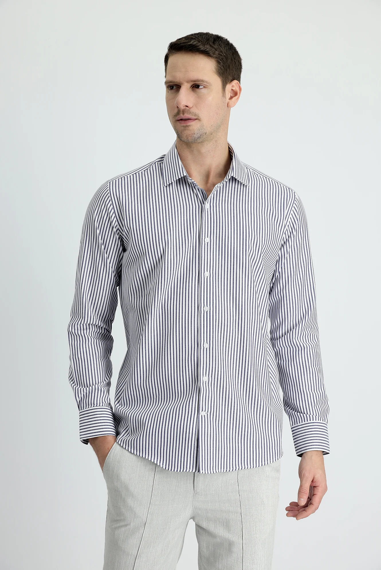 Koyu Lacivert Uzun Kol Slim Fit Dar Kesim Çizgili Pamuklu Gömlek - Image 2