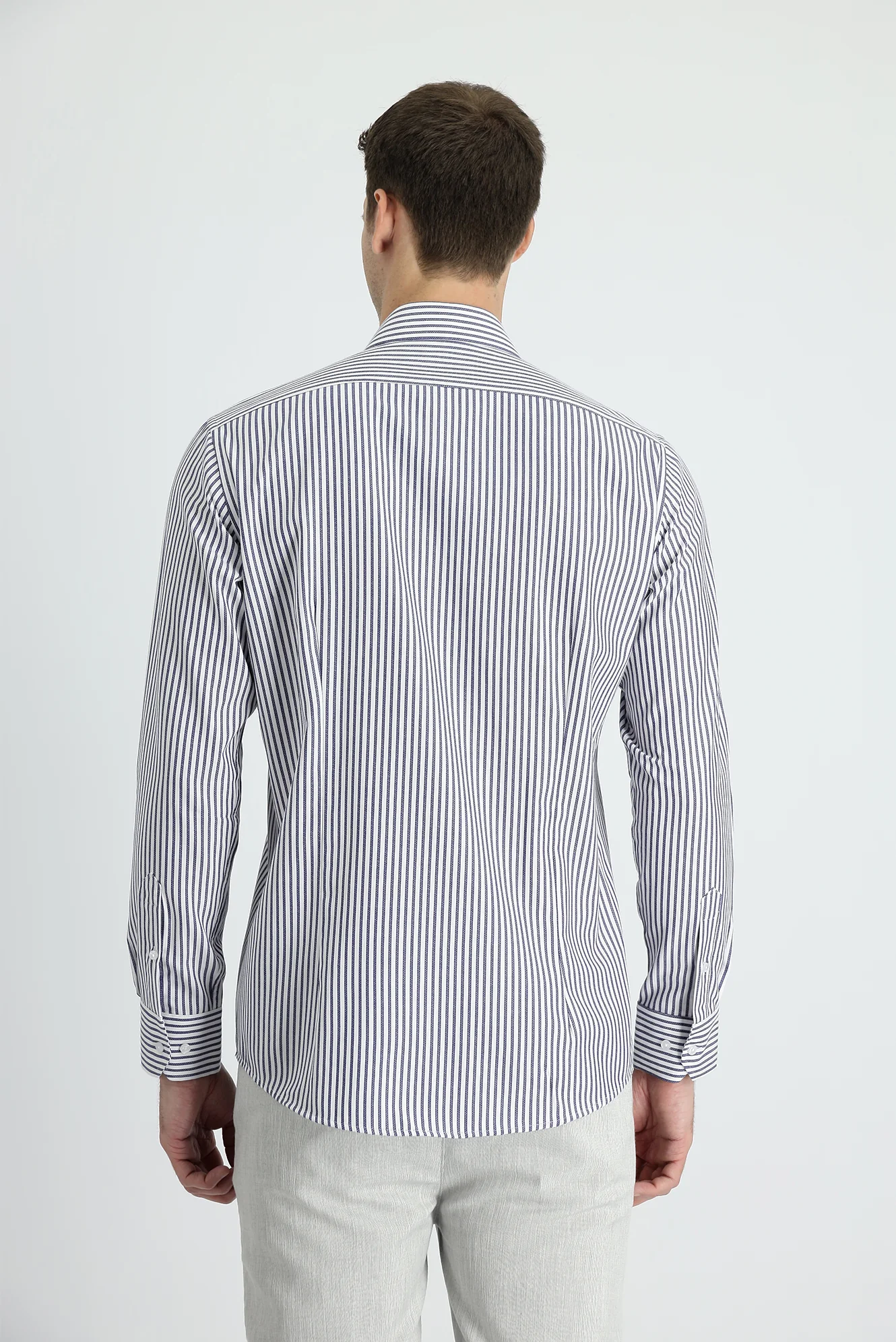 Koyu Lacivert Uzun Kol Slim Fit Dar Kesim Çizgili Pamuklu Gömlek - Image 3