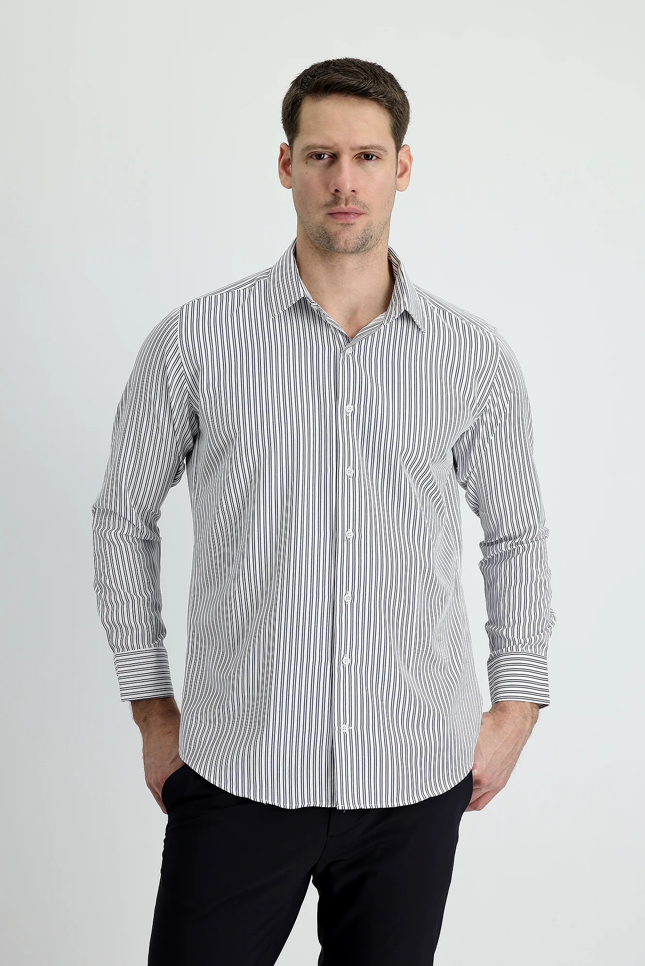 Koyu Lacivert Uzun Kol Slim Fit Dar Kesim Çizgili Pamuklu Gömlek - Image 2
