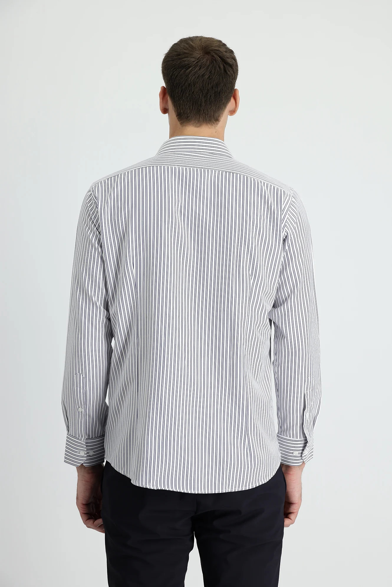 Koyu Lacivert Uzun Kol Slim Fit Dar Kesim Çizgili Pamuklu Gömlek - Image 3