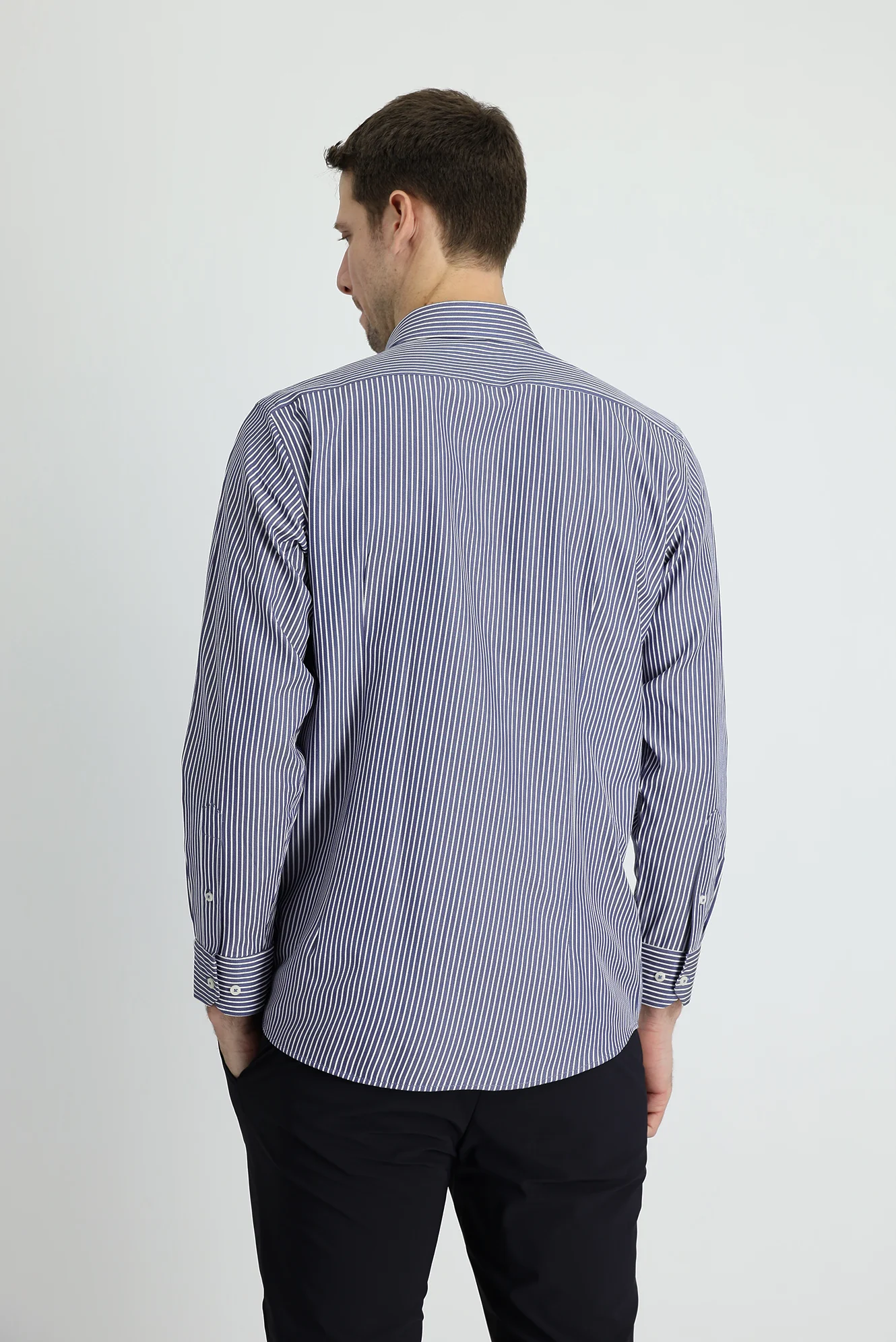 Koyu Lacivert Uzun Kol Slim Fit Dar Kesim Çizgili Spor Gömlek - Image 2
