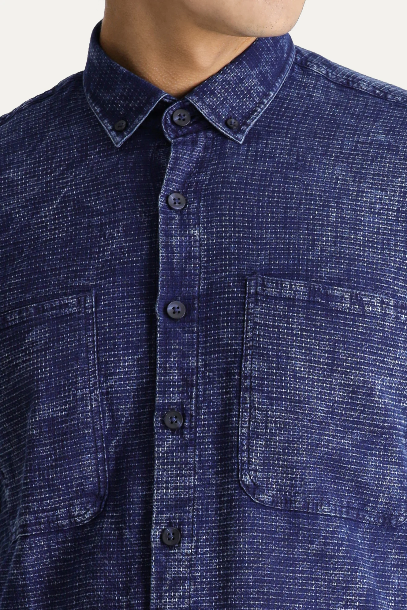 Koyu Lacivert Uzun Kol Slim Fit Dar Kesim Denim Görünümlü Spor Pamuk Gömlek - Image 6