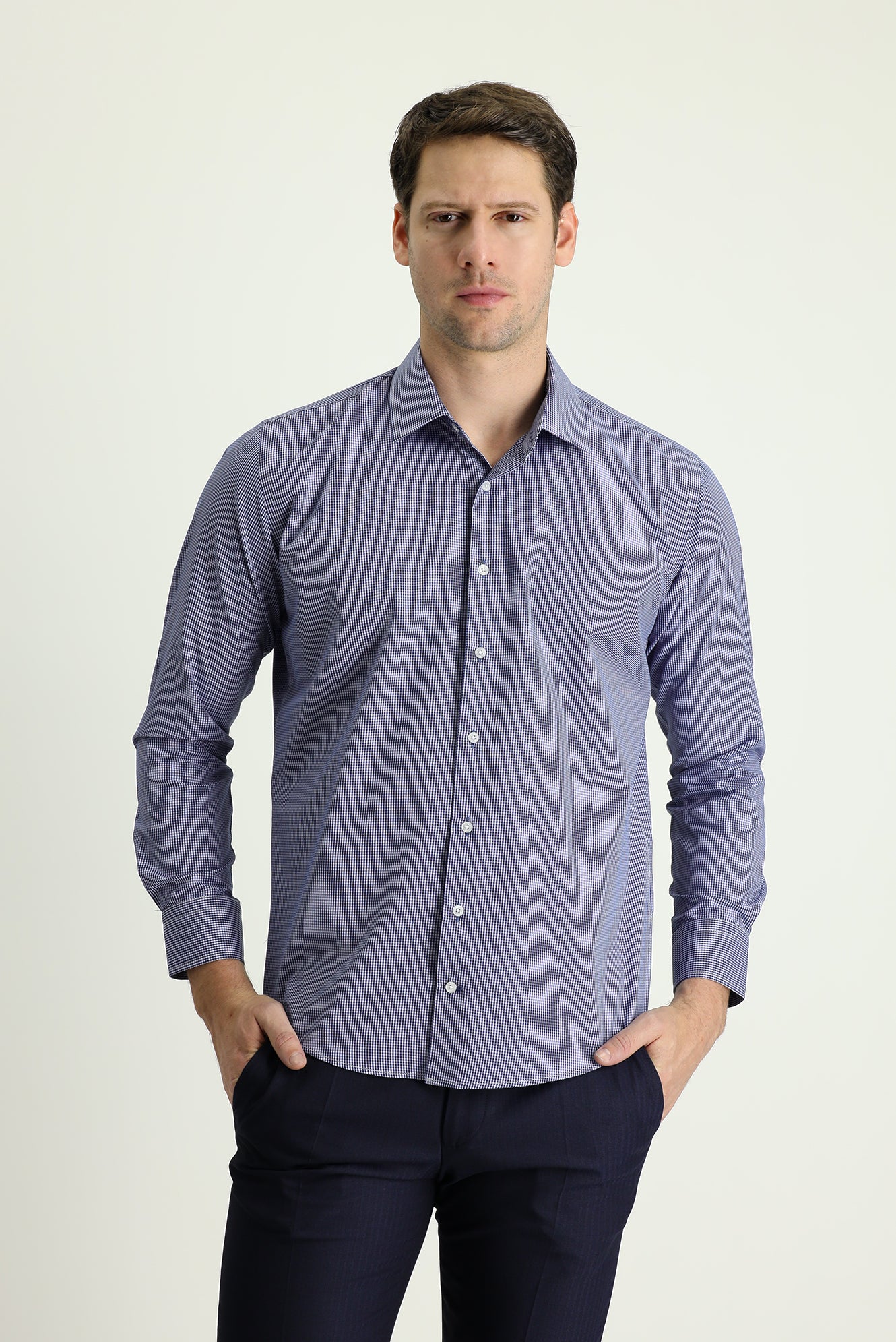 Koyu Lacivert Uzun Kol Slim Fit Dar Kesim Desenli Pamuklu Kolay Ütülenebilir Gömlek