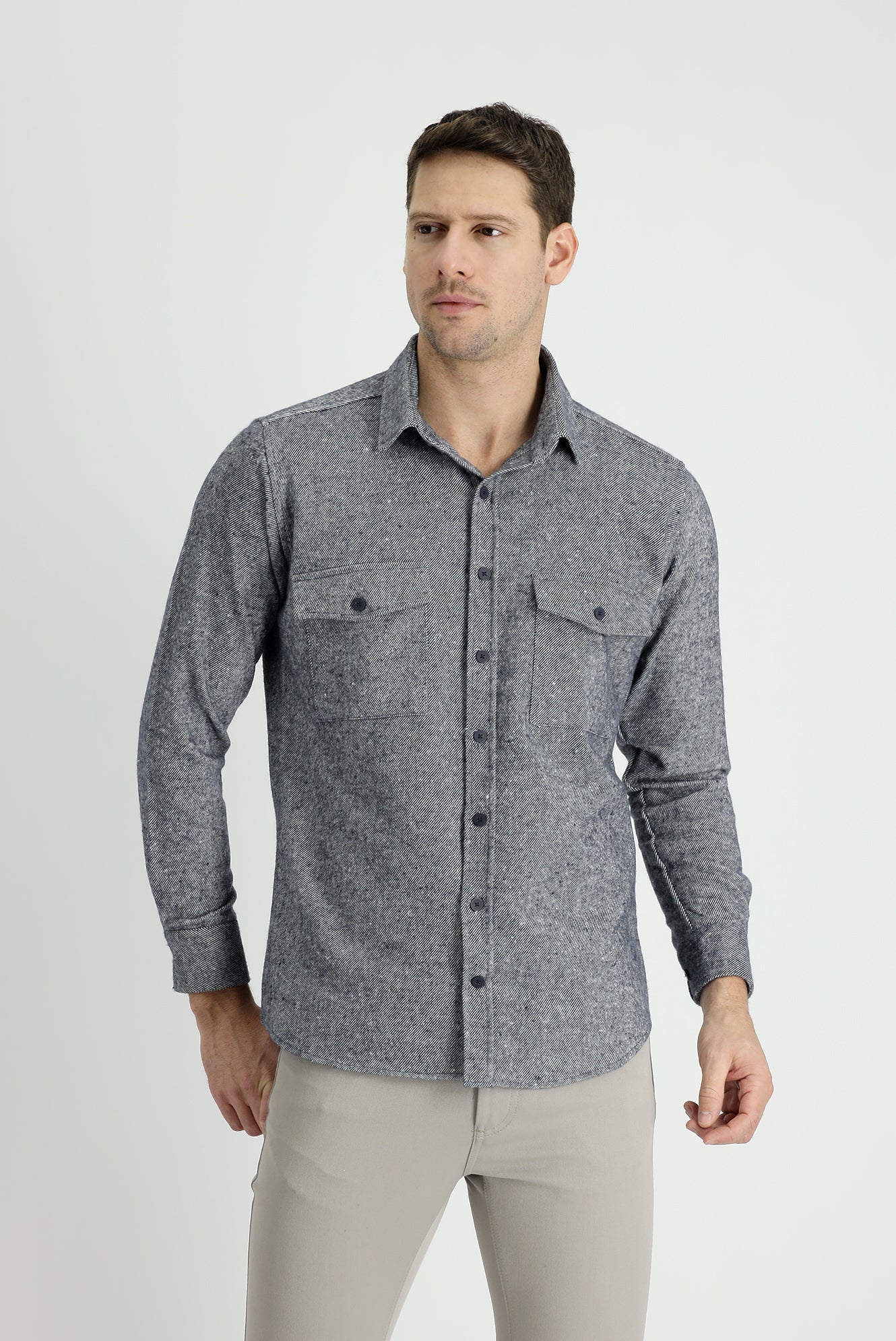 Koyu Lacivert Uzun Kol Slim Fit Dar Kesim Desenli Shacket Oduncu Pamuklu Gömlek