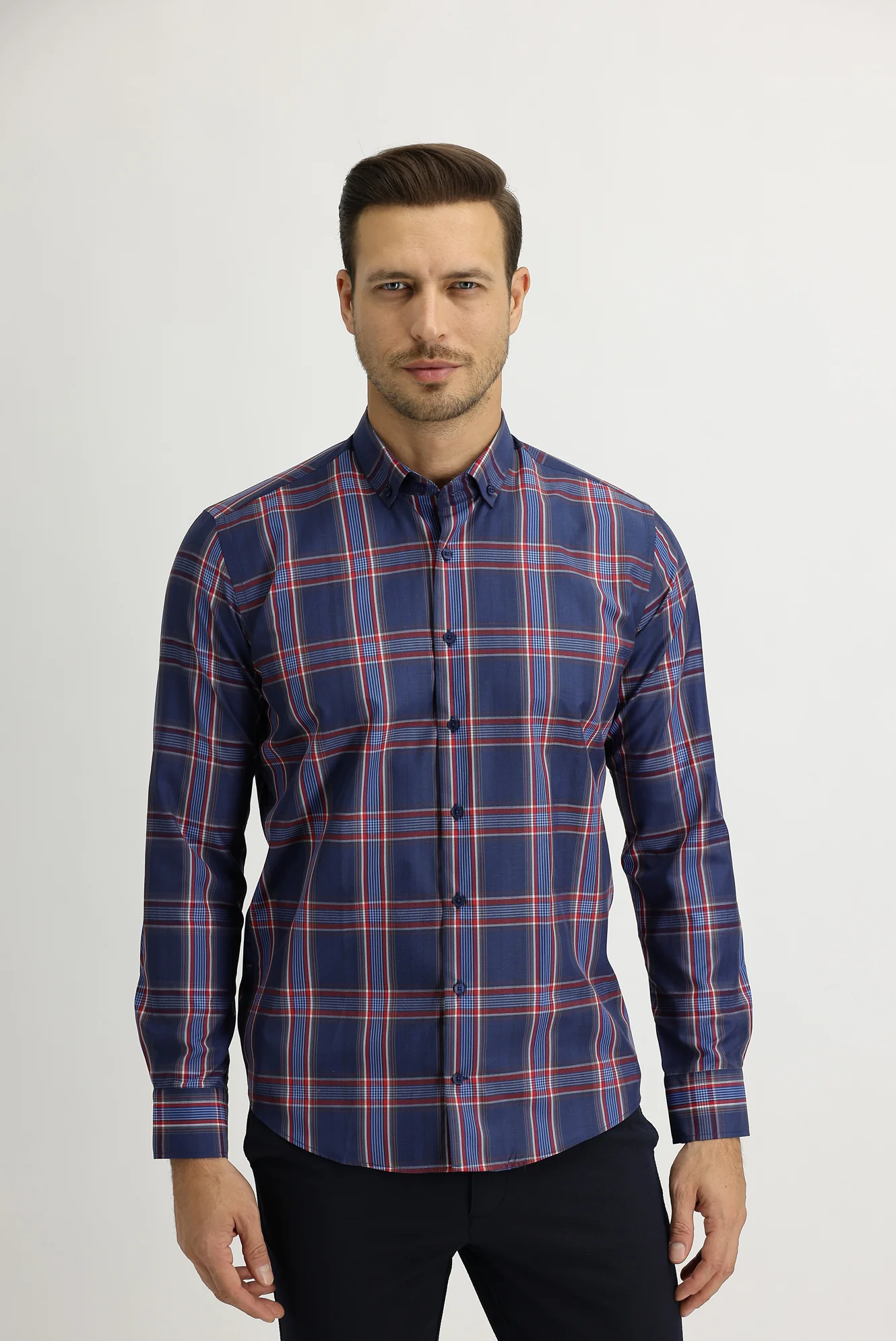 Koyu Lacivert Uzun Kol Slim Fit Dar Kesim Ekose Gömlek - Image 2