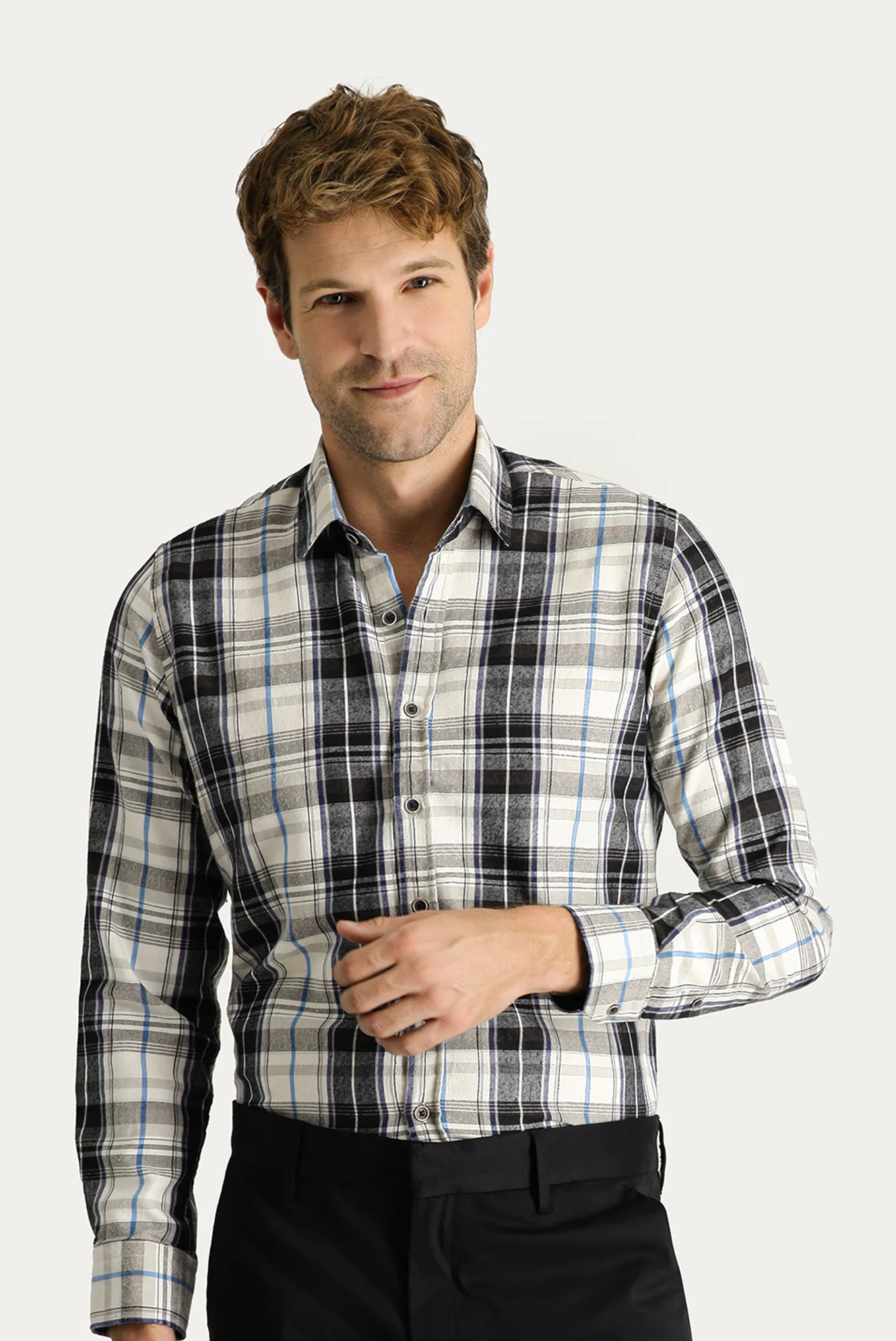 Koyu Lacivert Uzun Kol Slim Fit Dar Kesim Ekose Oduncu Pamuklu Kolay Ütülenebilir Gömlek - Image 2