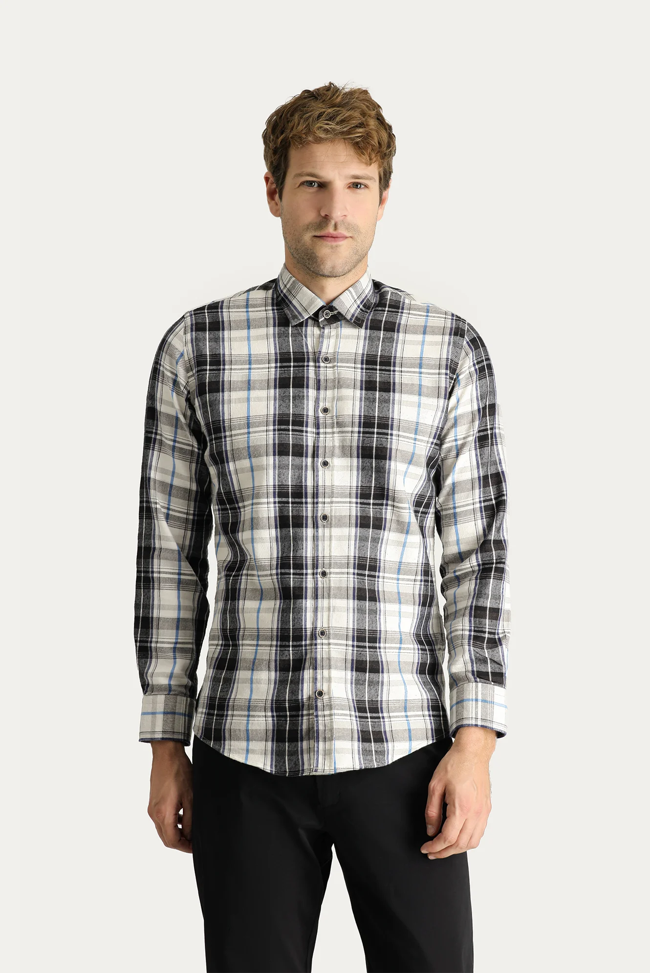 Koyu Lacivert Uzun Kol Slim Fit Dar Kesim Ekose Oduncu Pamuklu Kolay Ütülenebilir Gömlek - Image 3