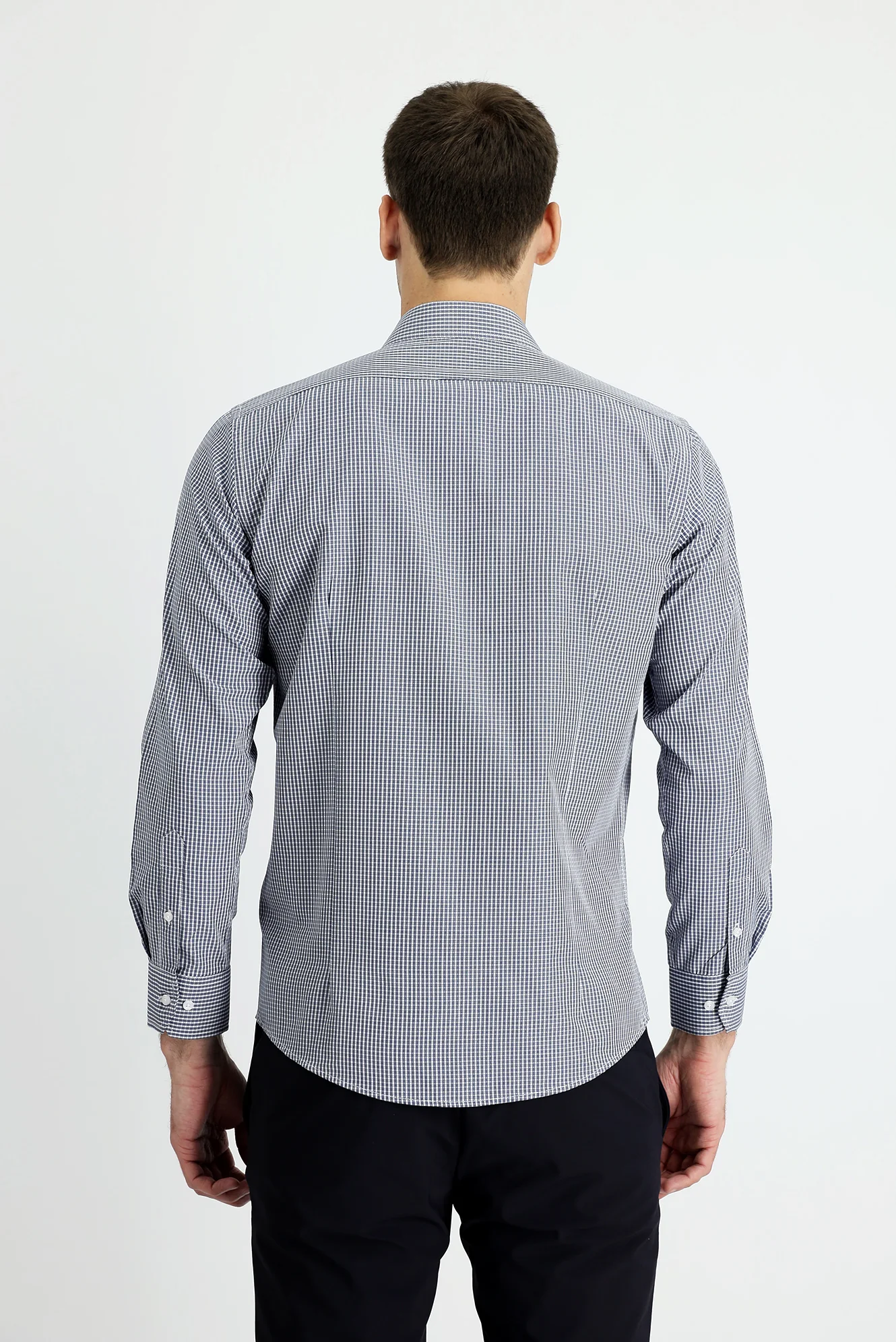 Koyu Lacivert Uzun Kol Slim Fit Dar Kesim Ekose Pamuklu Kolay Ütülenebilir Gömlek - Image 2