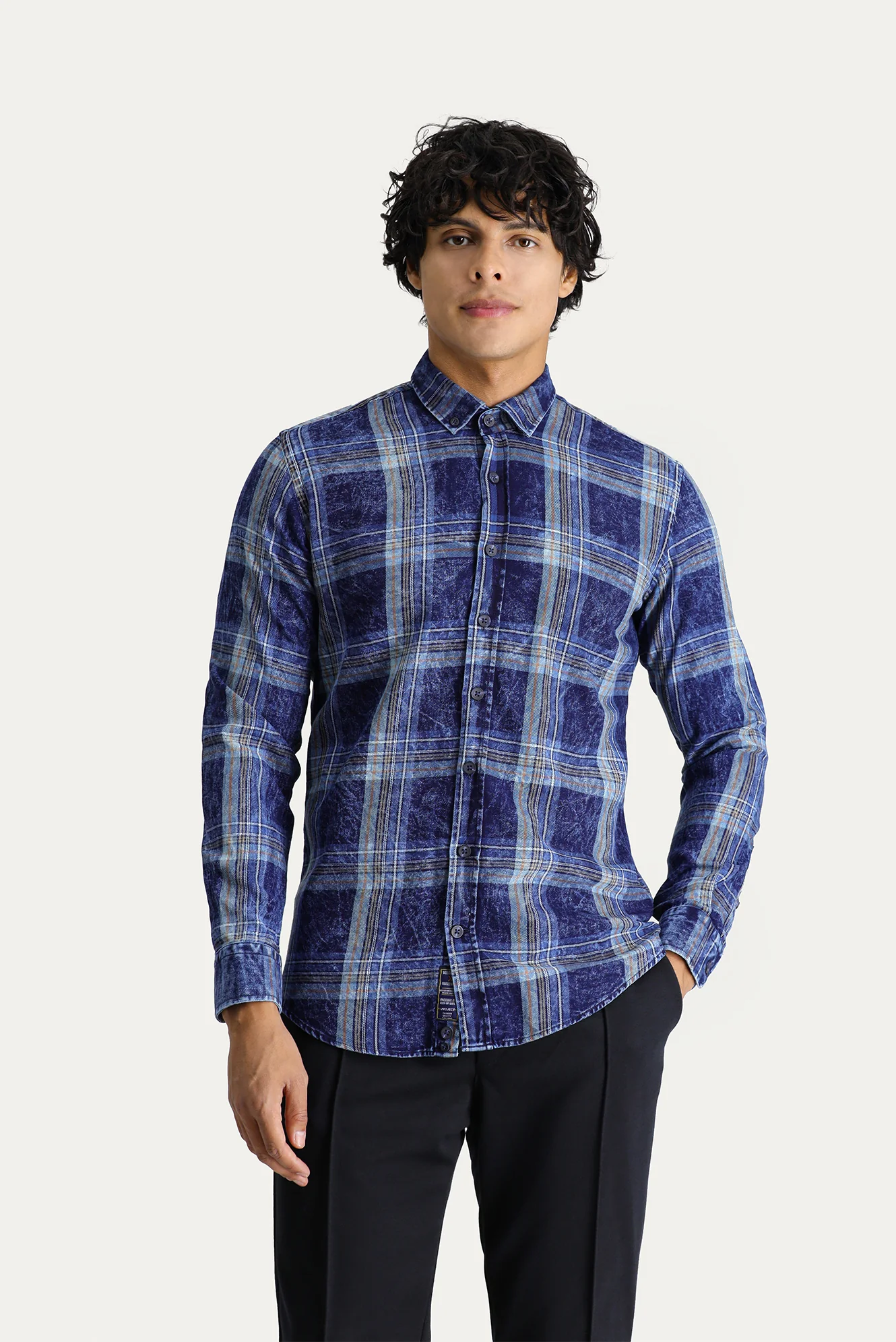 Koyu Lacivert Uzun Kol Slim Fit Dar Kesim Ekose Spor Pamuk Gömlek - Image 3