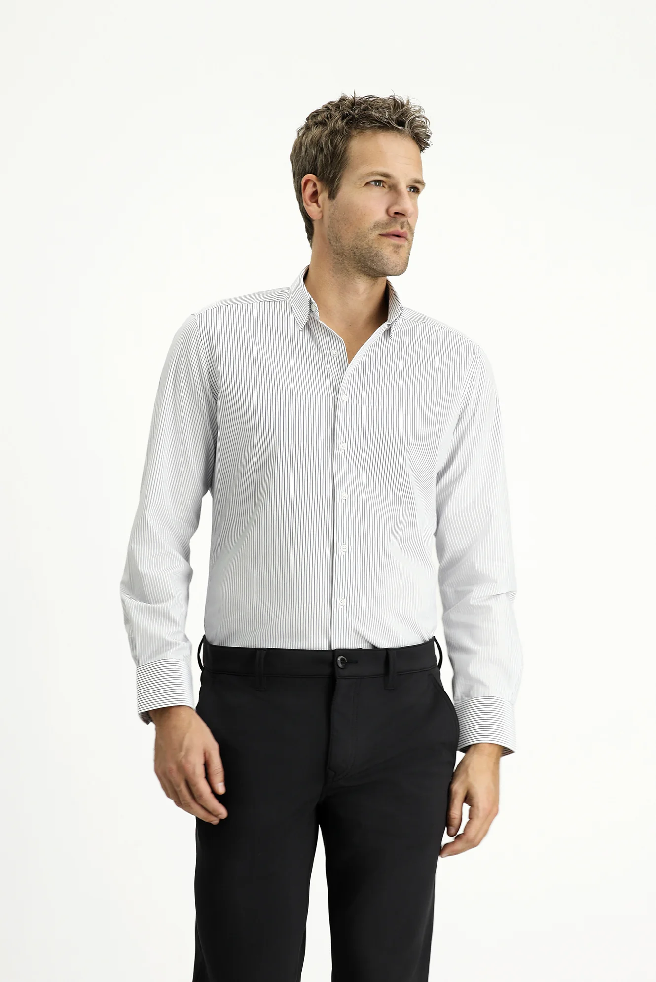 Koyu Lacivert Uzun Kol Slim Fit Dar Kesim Klasik Çizgili Pamuk Gömlek