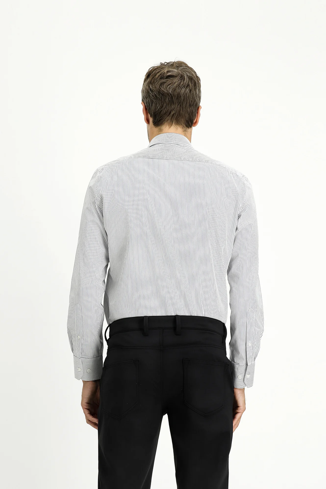 Koyu Lacivert Uzun Kol Slim Fit Dar Kesim Klasik Çizgili Pamuk Gömlek - Image 4