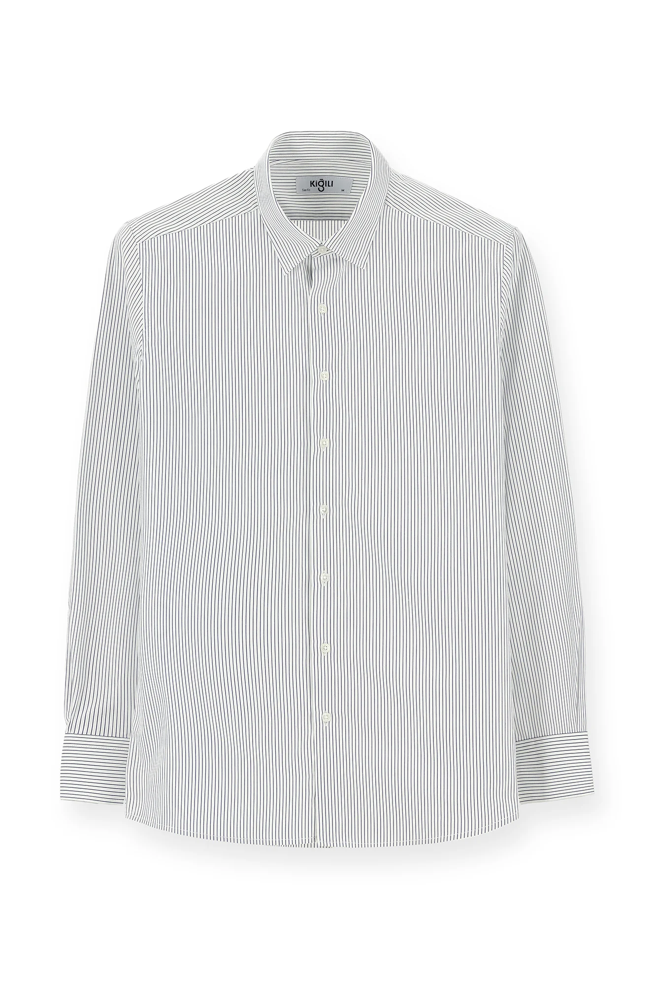 Koyu Lacivert Uzun Kol Slim Fit Dar Kesim Klasik Çizgili Pamuk Gömlek - Image 6