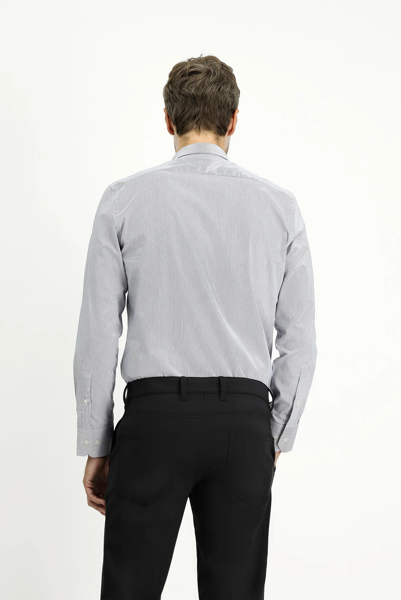 Koyu Lacivert Uzun Kol Slim Fit Dar Kesim Klasik Çizgili Pamuk Gömlek - Image 4