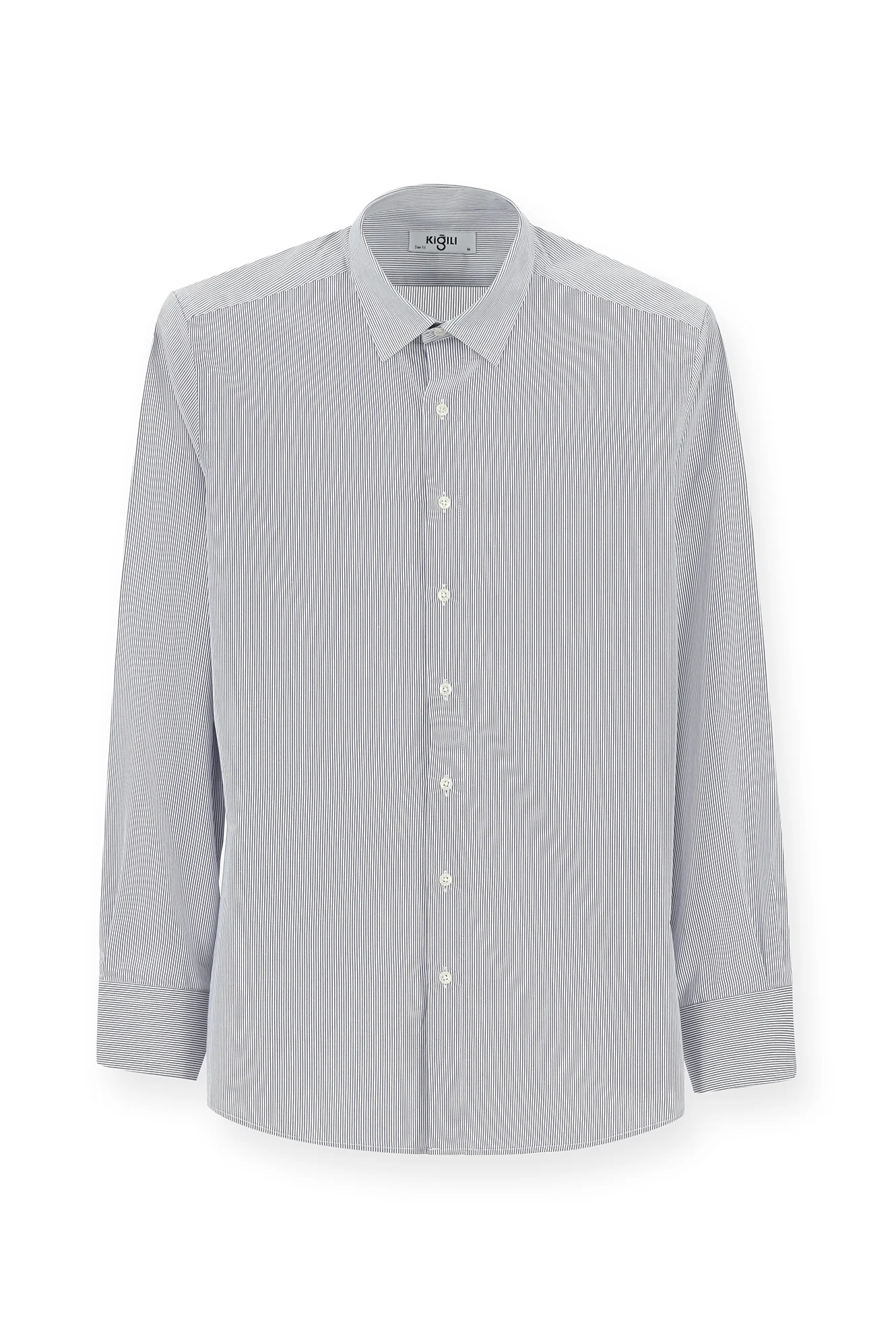 Koyu Lacivert Uzun Kol Slim Fit Dar Kesim Klasik Çizgili Pamuk Gömlek - Image 7
