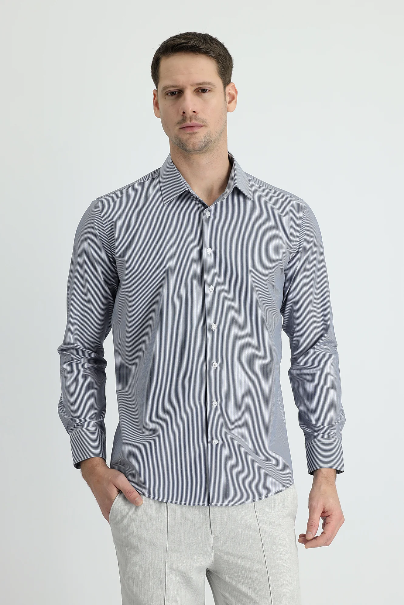 Koyu Lacivert Uzun Kol Slim Fit Çizgili Gömlek - Image 2