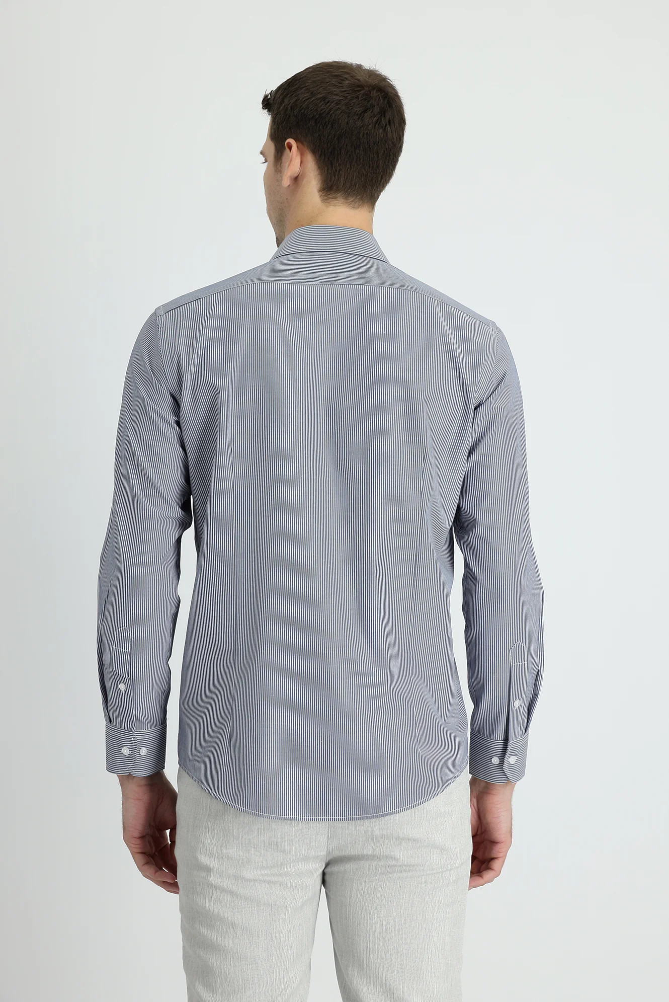 Koyu Lacivert Uzun Kol Slim Fit Çizgili Gömlek - Image 3