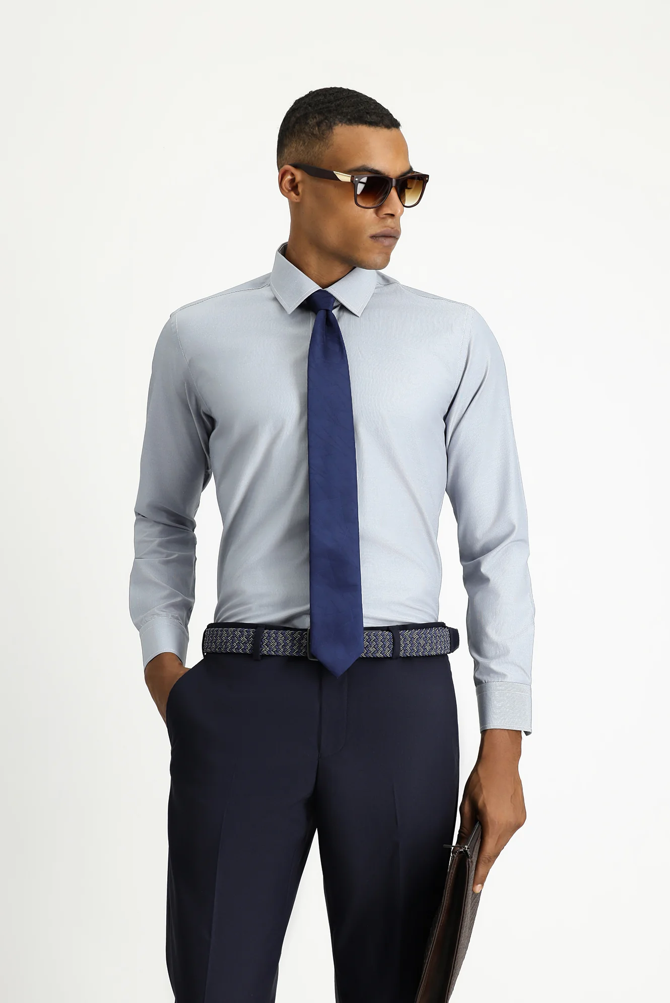 Koyu Lacivert Uzun Kol Slim Fit Klasik Yaka Pamuklu Kolay Ütülenebilir Desenli Gömlek - Image 3