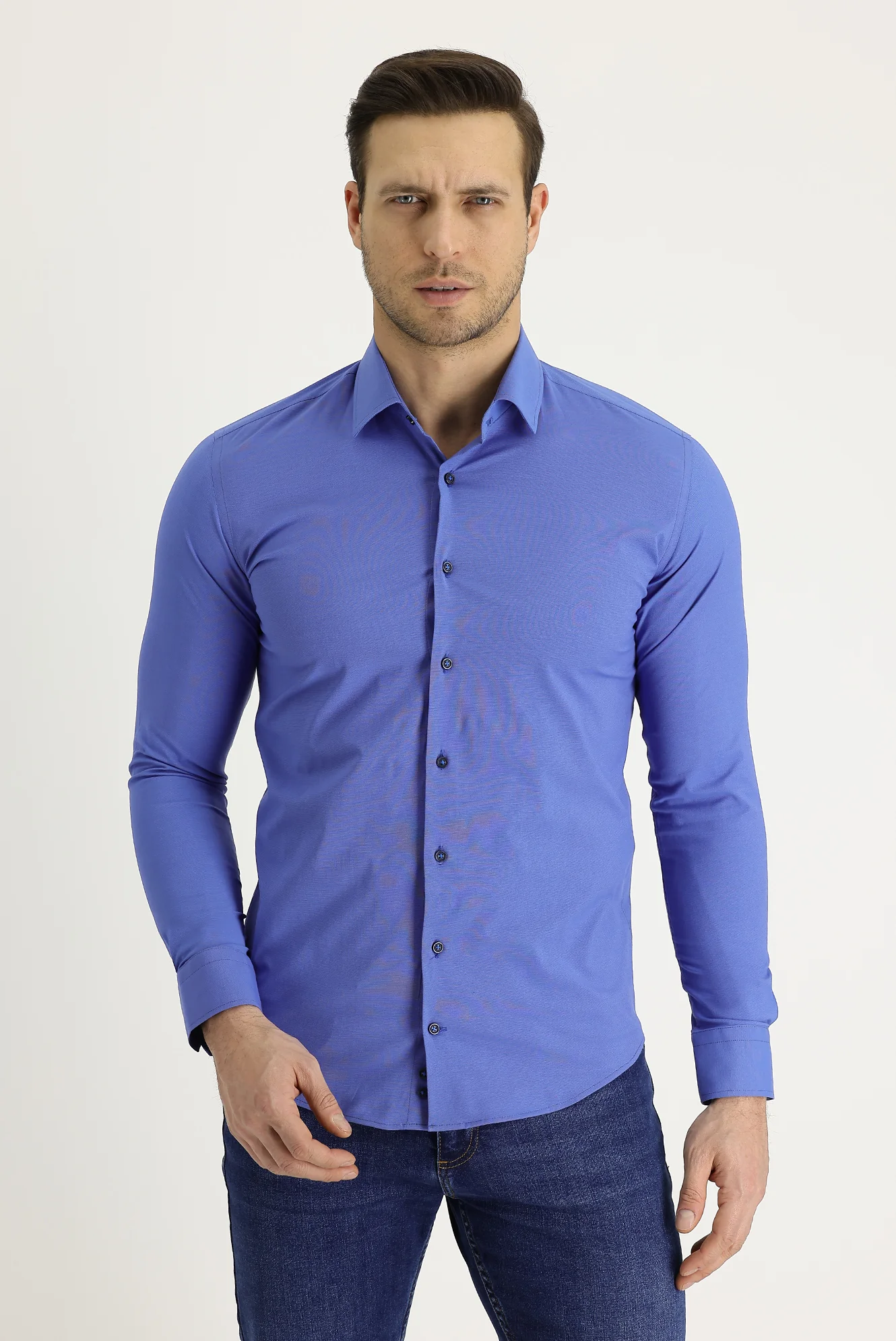 Koyu Lacivert Uzun Kol Slim Fit Dar Kesim Klasik Desenli Pamuklu Kolay Ütülenebilir Gömlek
