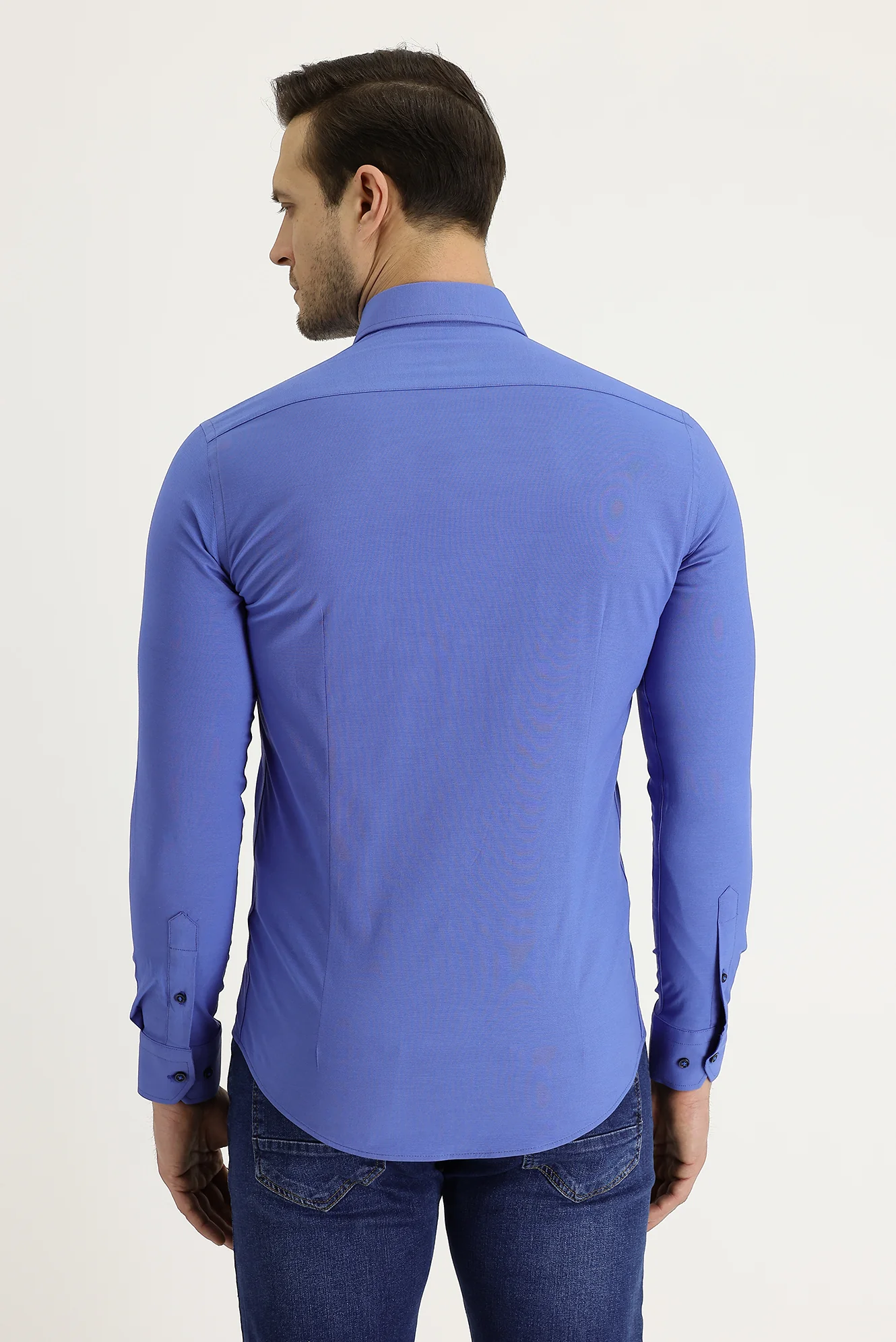 Koyu Lacivert Uzun Kol Slim Fit Dar Kesim Klasik Desenli Pamuklu Kolay Ütülenebilir Gömlek - Image 2