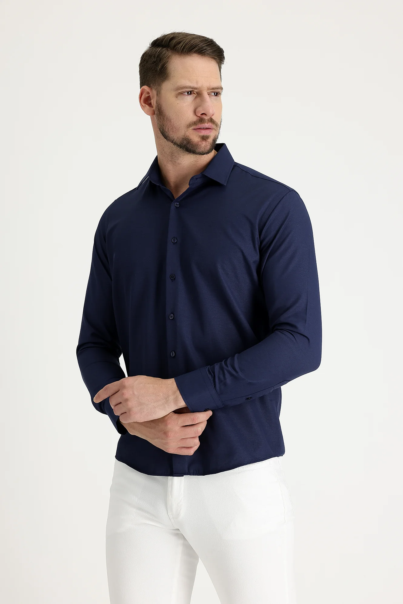 Koyu Lacivert Uzun Kol Slim Fit Dar Kesim Klasik Desenli Pamuklu Kolay Ütülenebilir Gömlek