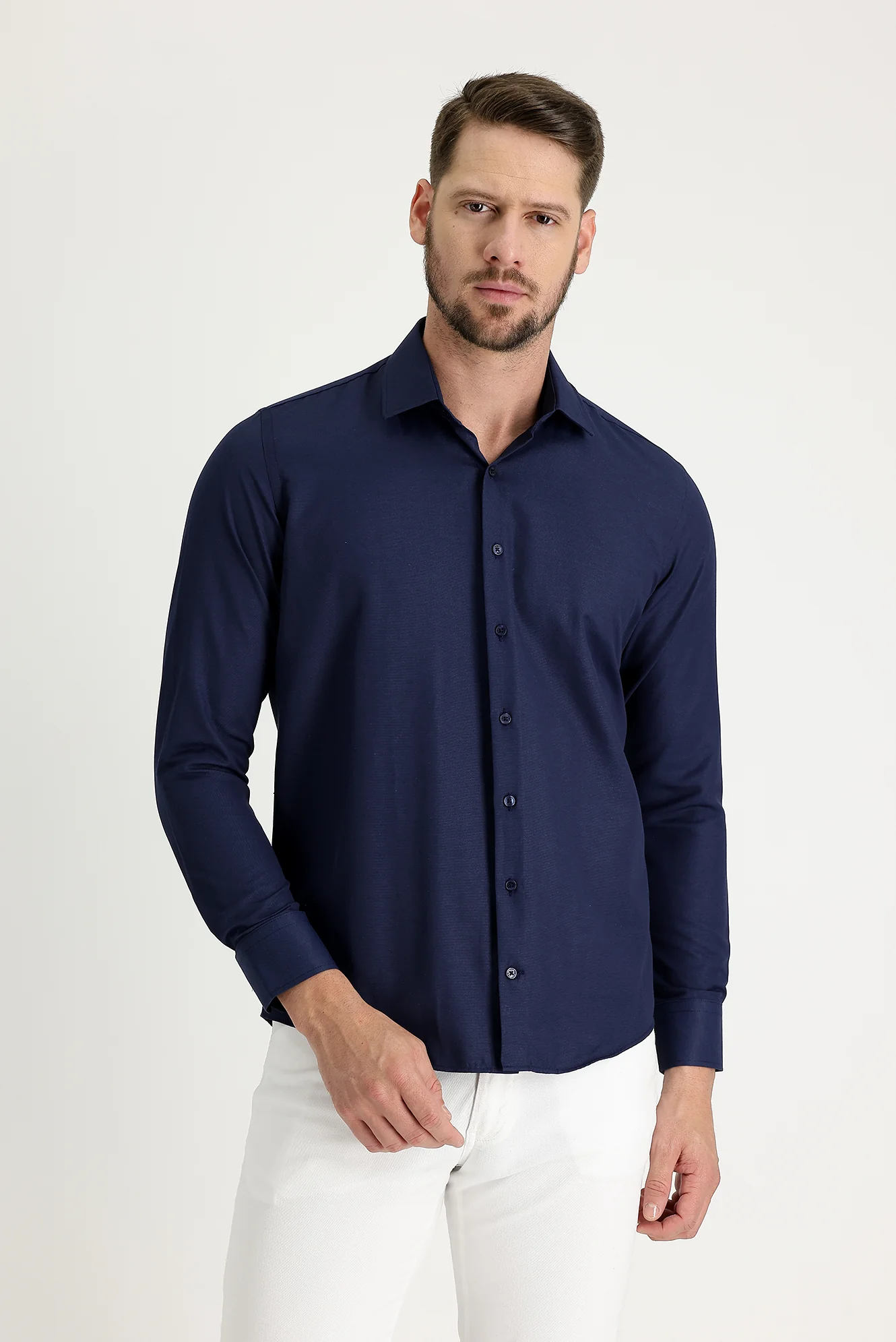 Koyu Lacivert Uzun Kol Slim Fit Dar Kesim Klasik Desenli Pamuklu Kolay Ütülenebilir Gömlek - Image 2