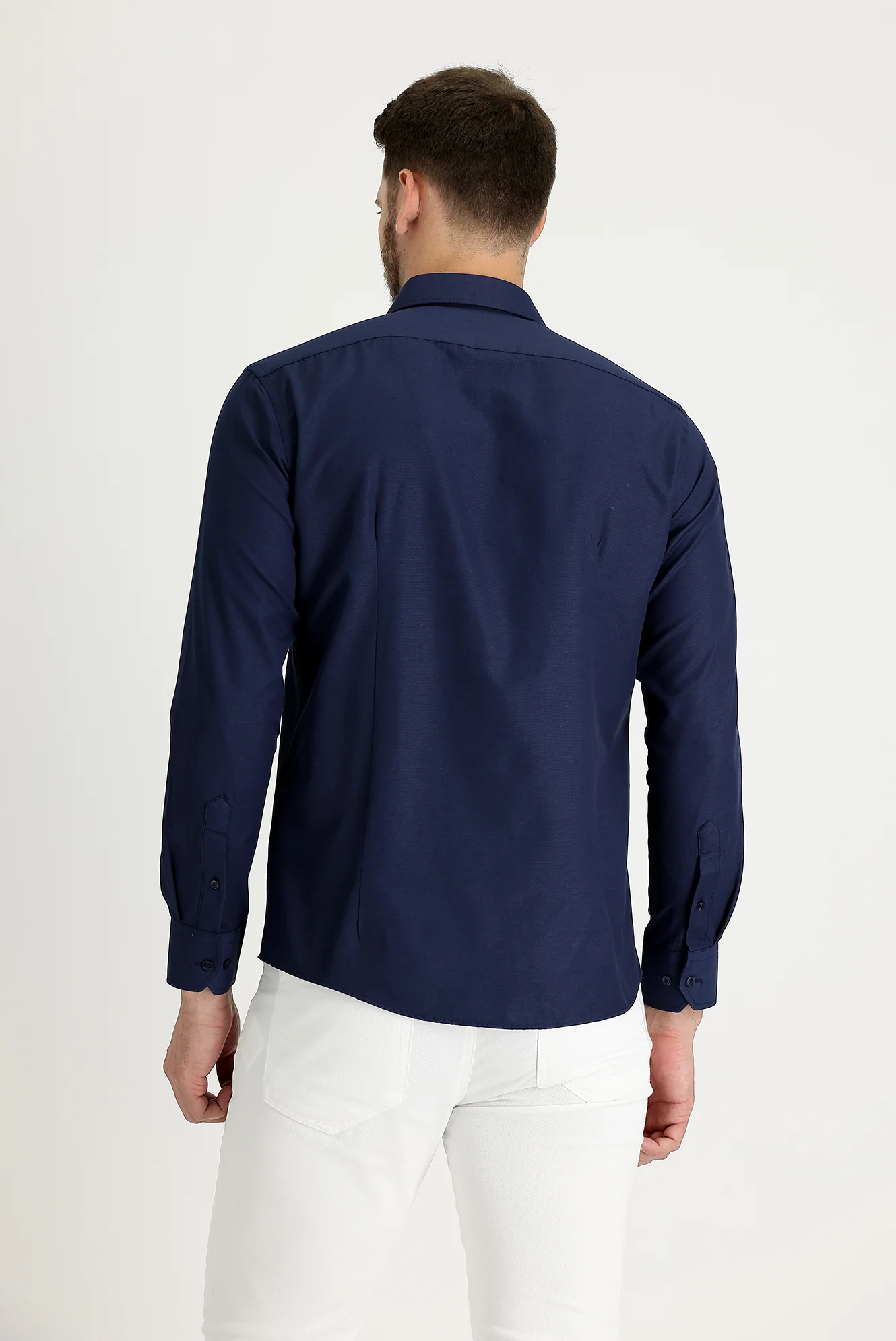 Koyu Lacivert Uzun Kol Slim Fit Dar Kesim Klasik Desenli Pamuklu Kolay Ütülenebilir Gömlek - Image 3