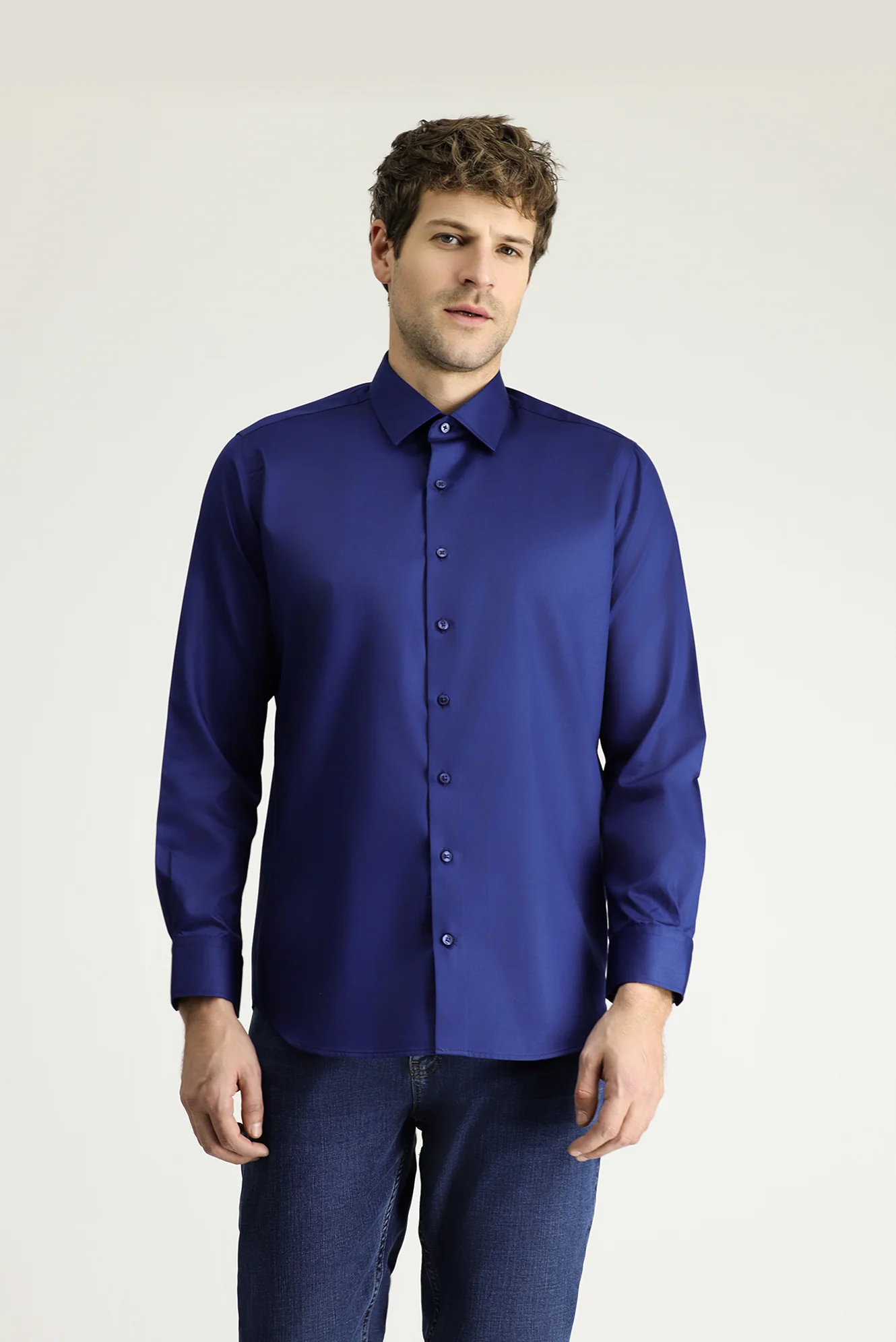 Koyu Lacivert Uzun Kol Slim Fit Dar Kesim Klasik Non Iron Saten Pamuklu Gömlek - Image 3