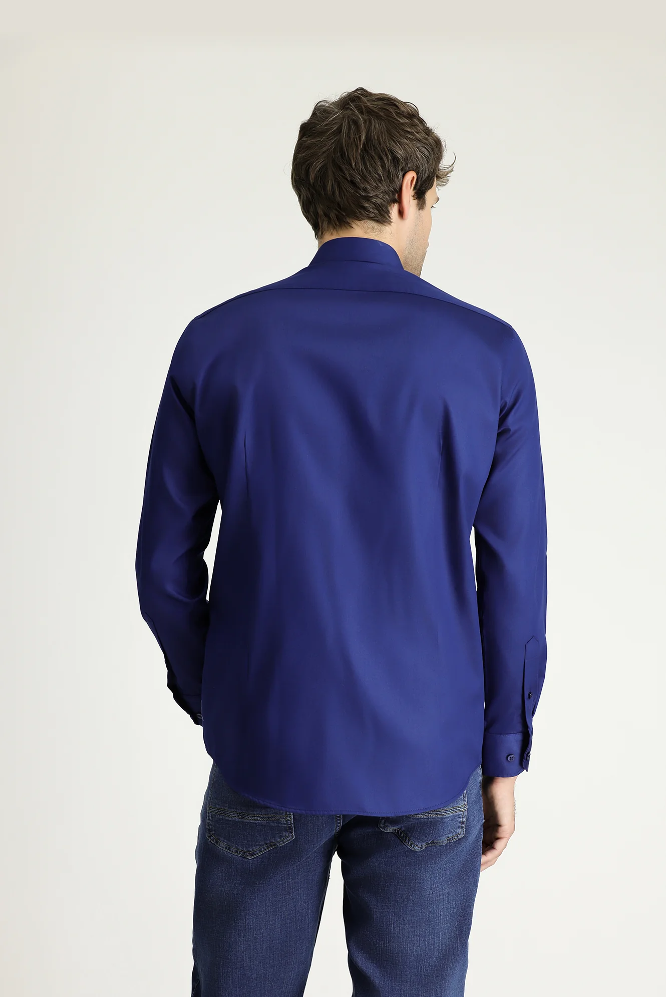 Koyu Lacivert Uzun Kol Slim Fit Dar Kesim Klasik Non Iron Saten Pamuklu Gömlek - Image 4