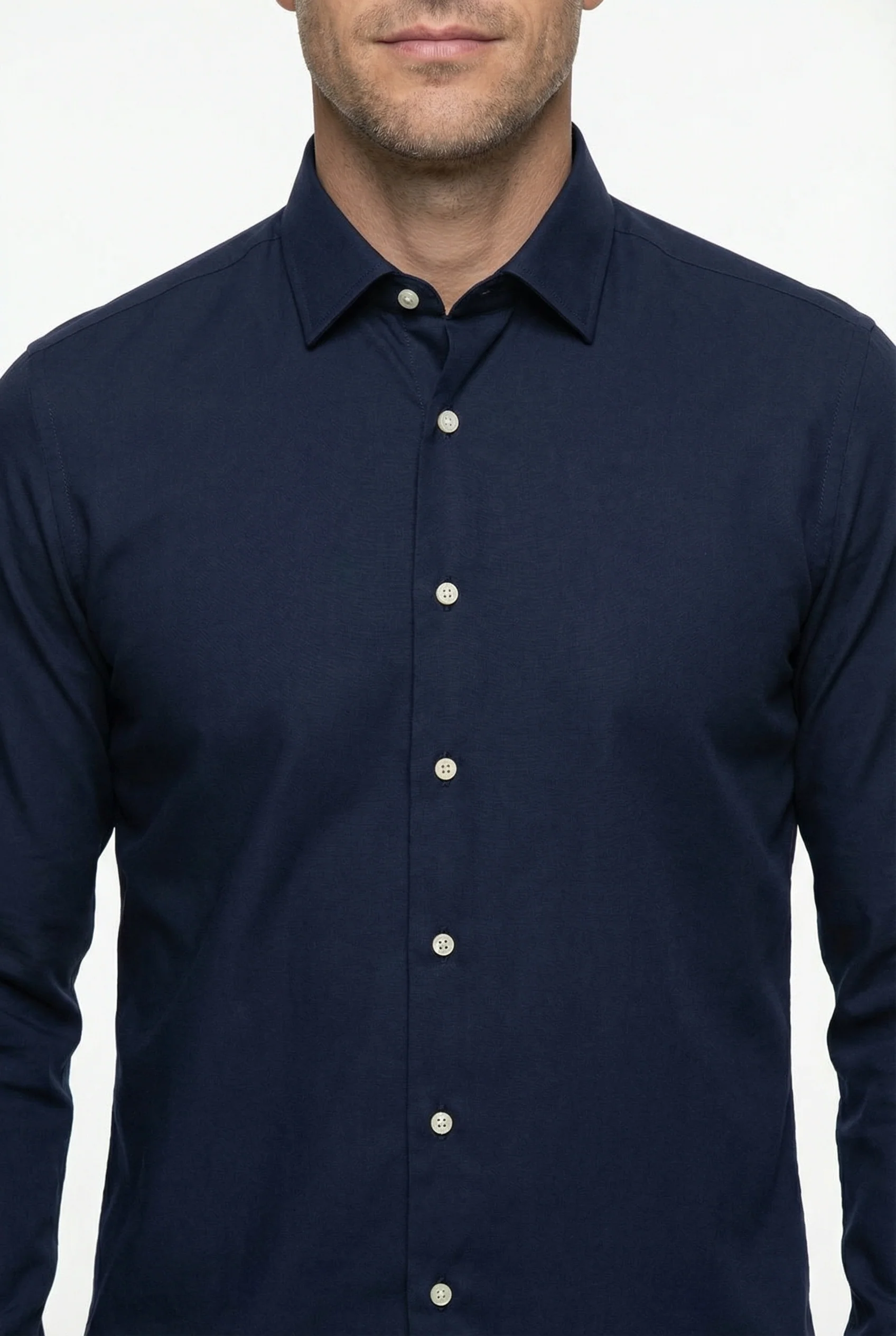Koyu Lacivert Uzun Kol Slim Fit Dar Kesim Klasik Nano Care Su İtici Leke Tutmaz 4 Mevsim Pamuk Gömlek - Image 2