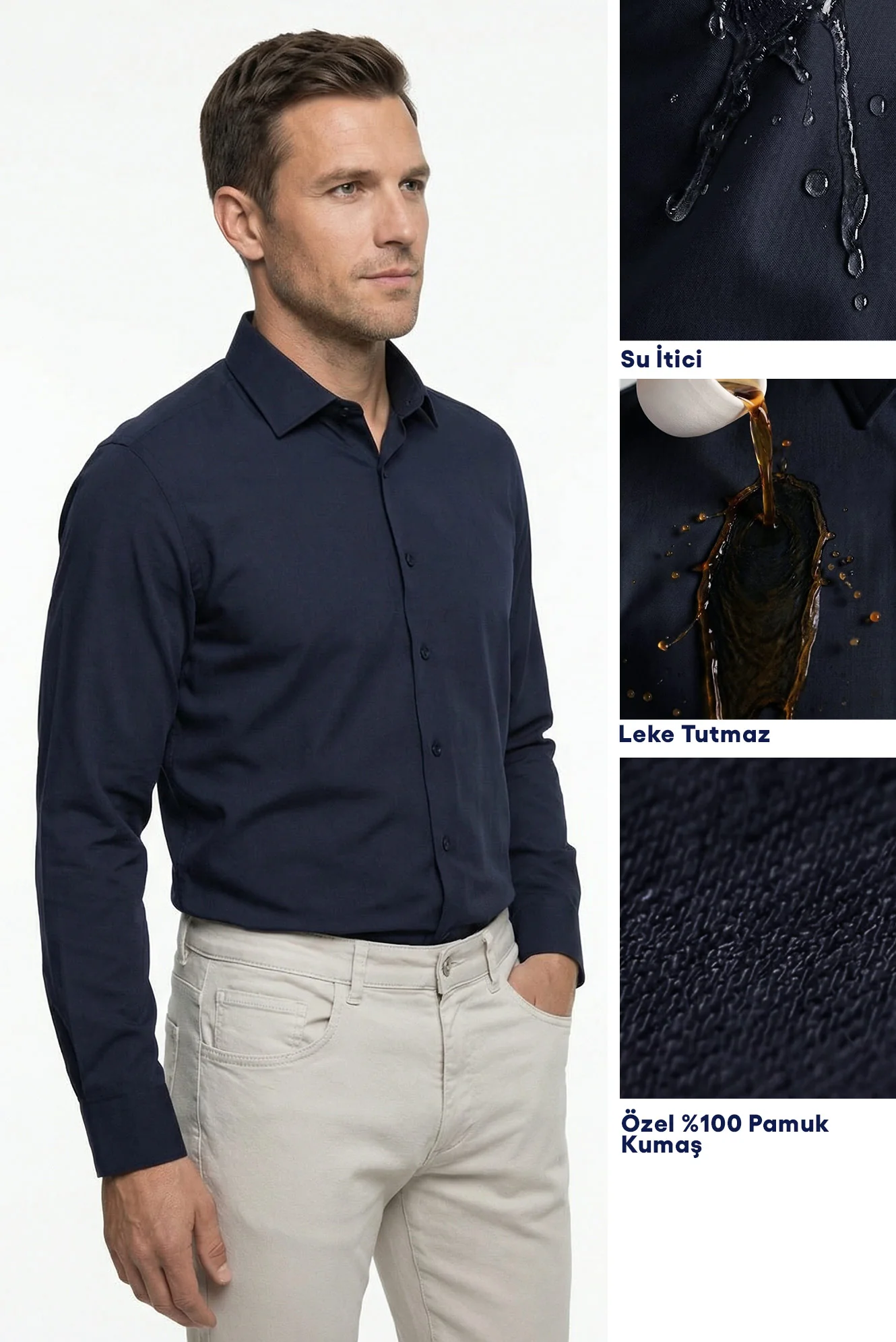 Koyu Lacivert Uzun Kol Slim Fit Dar Kesim Klasik Nano Care Su İtici Leke Tutmaz 4 Mevsim Pamuk Gömlek
