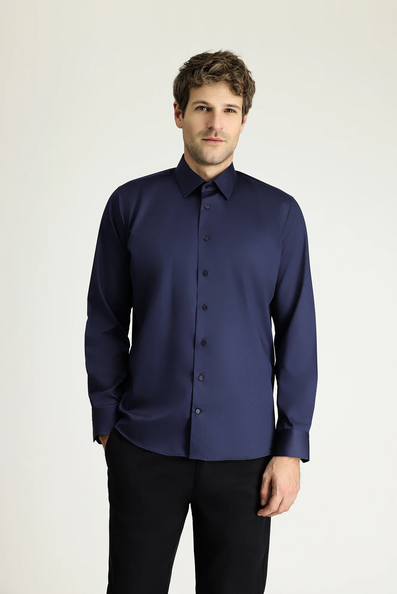 Koyu Lacivert Uzun Kol Slim Fit Dar Kesim Klasik Nano Care Su İtici Leke Tutmaz 4 Mevsim Pamuk Gömlek - Image 3