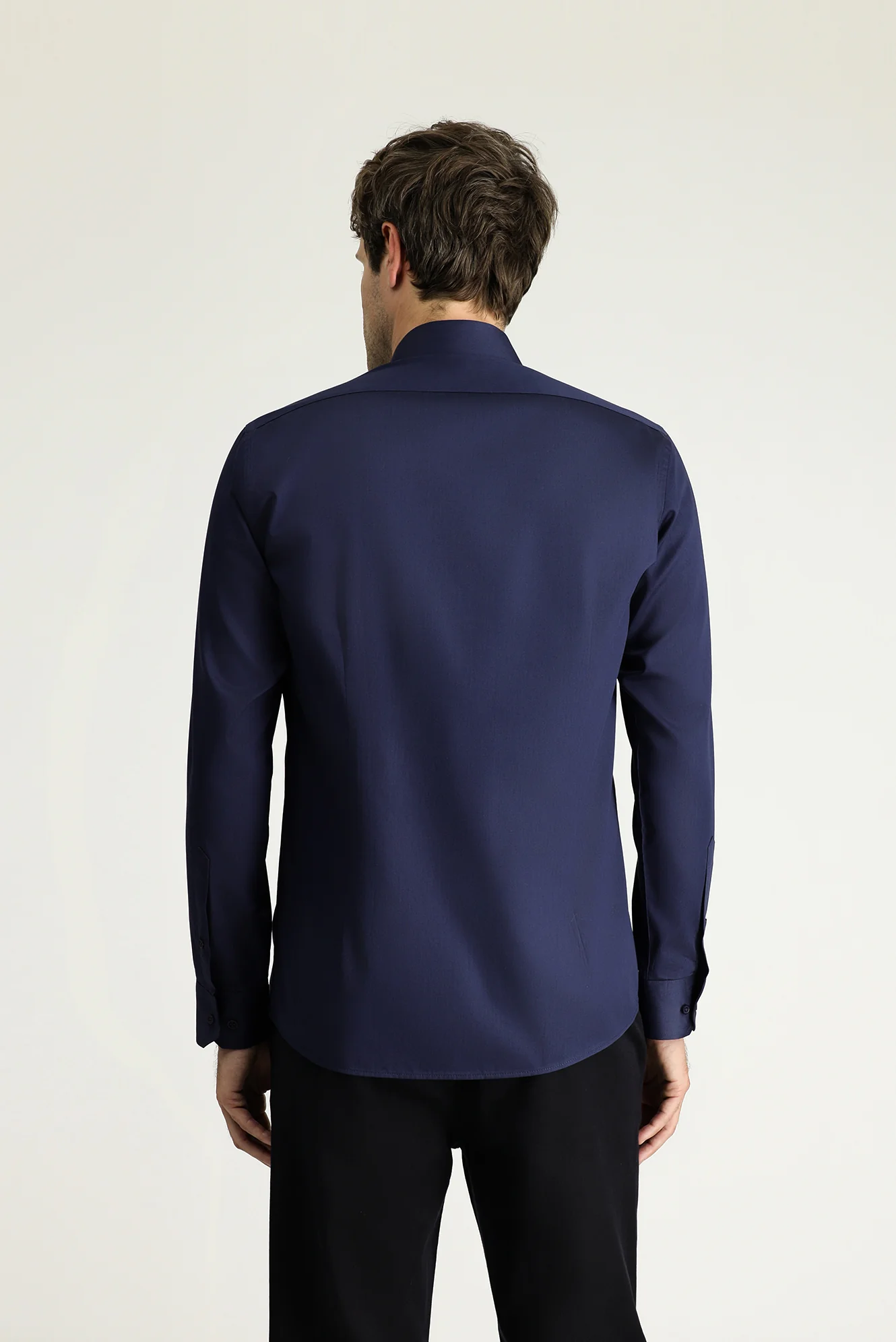 Koyu Lacivert Uzun Kol Slim Fit Dar Kesim Klasik Nano Care Su İtici Leke Tutmaz 4 Mevsim Pamuk Gömlek - Image 4