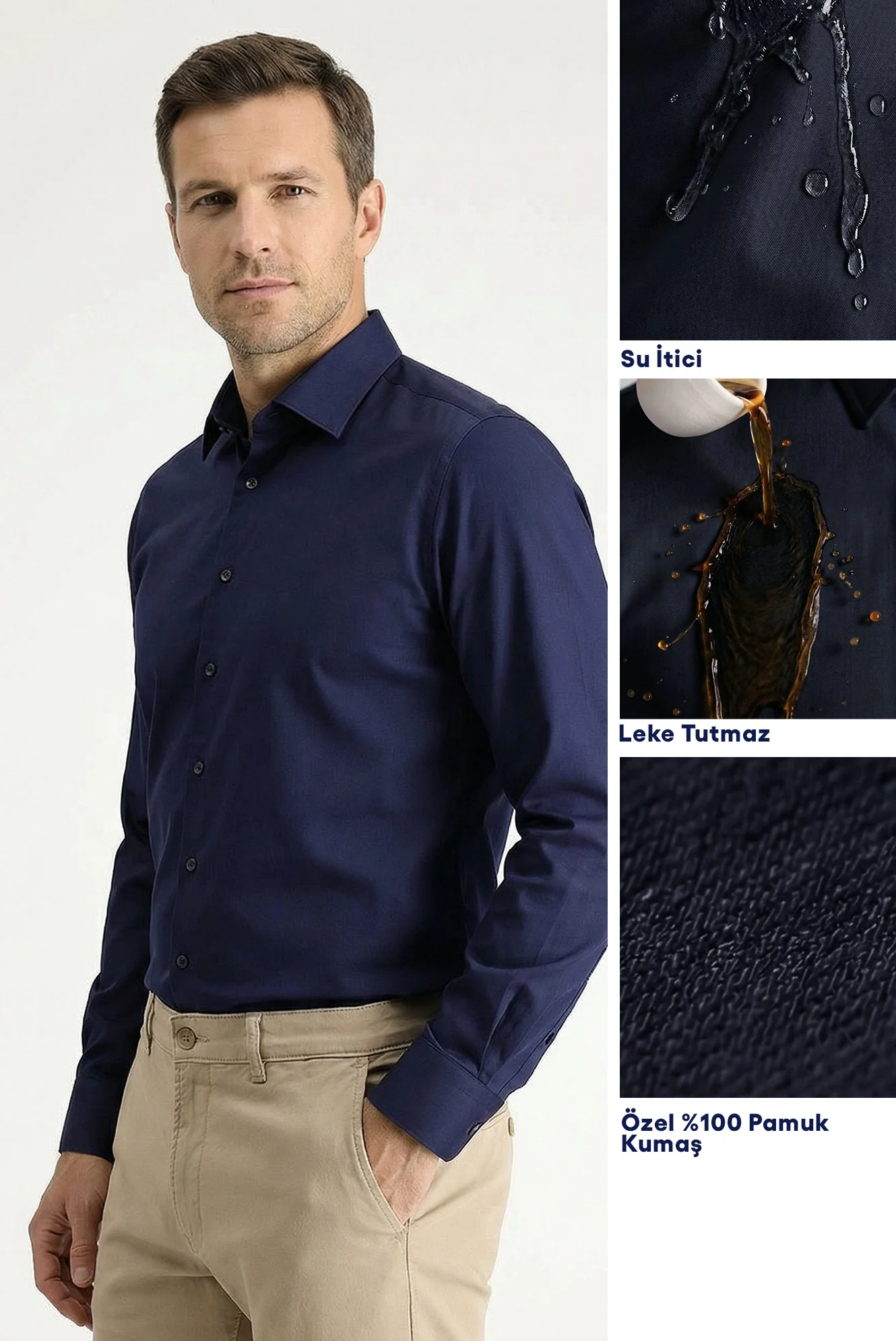 Koyu Lacivert Uzun Kol Slim Fit Dar Kesim Klasik Nano Care Su İtici Leke Tutmaz 4 Mevsim Pamuk Gömlek