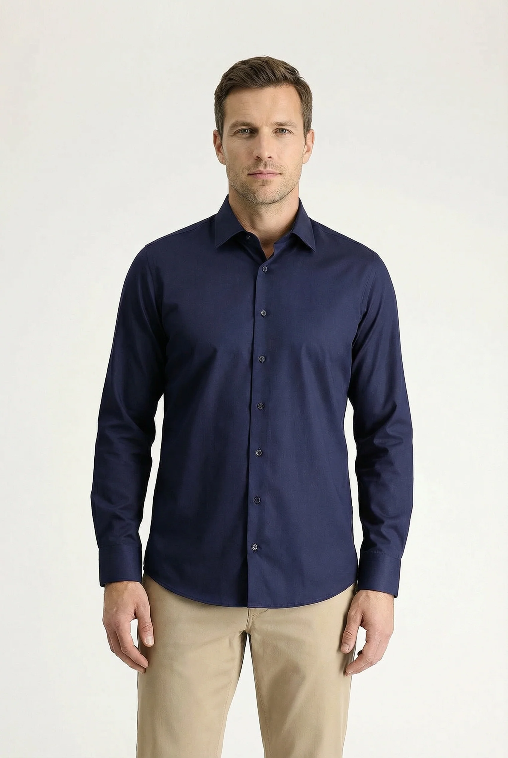 Koyu Lacivert Uzun Kol Slim Fit Dar Kesim Klasik Nano Care Su İtici Leke Tutmaz 4 Mevsim Pamuk Gömlek - Image 2