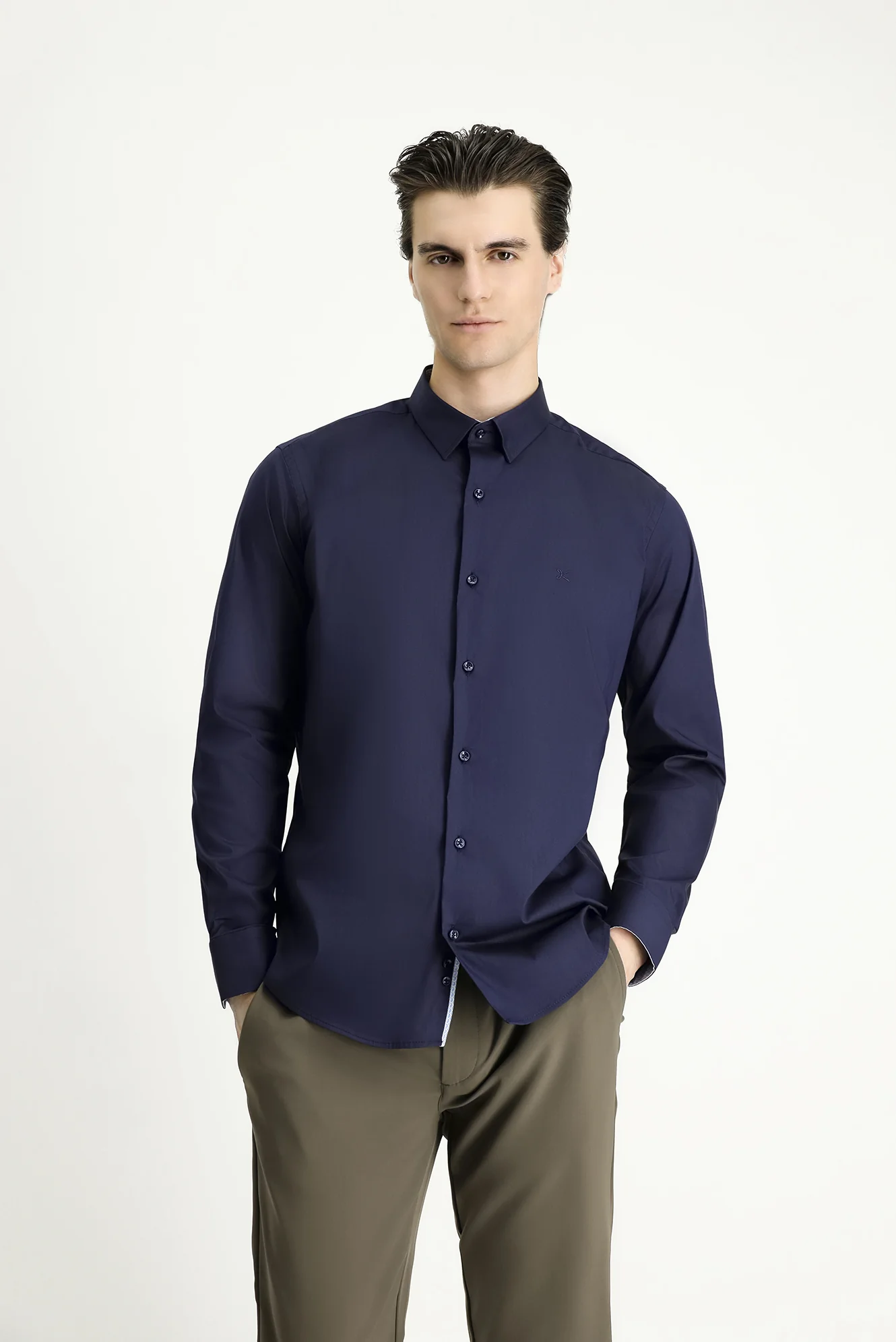 Koyu Lacivert Uzun Kol Slim Fit Dar Kesim Klasik Pamuklu Gömlek - Image 3