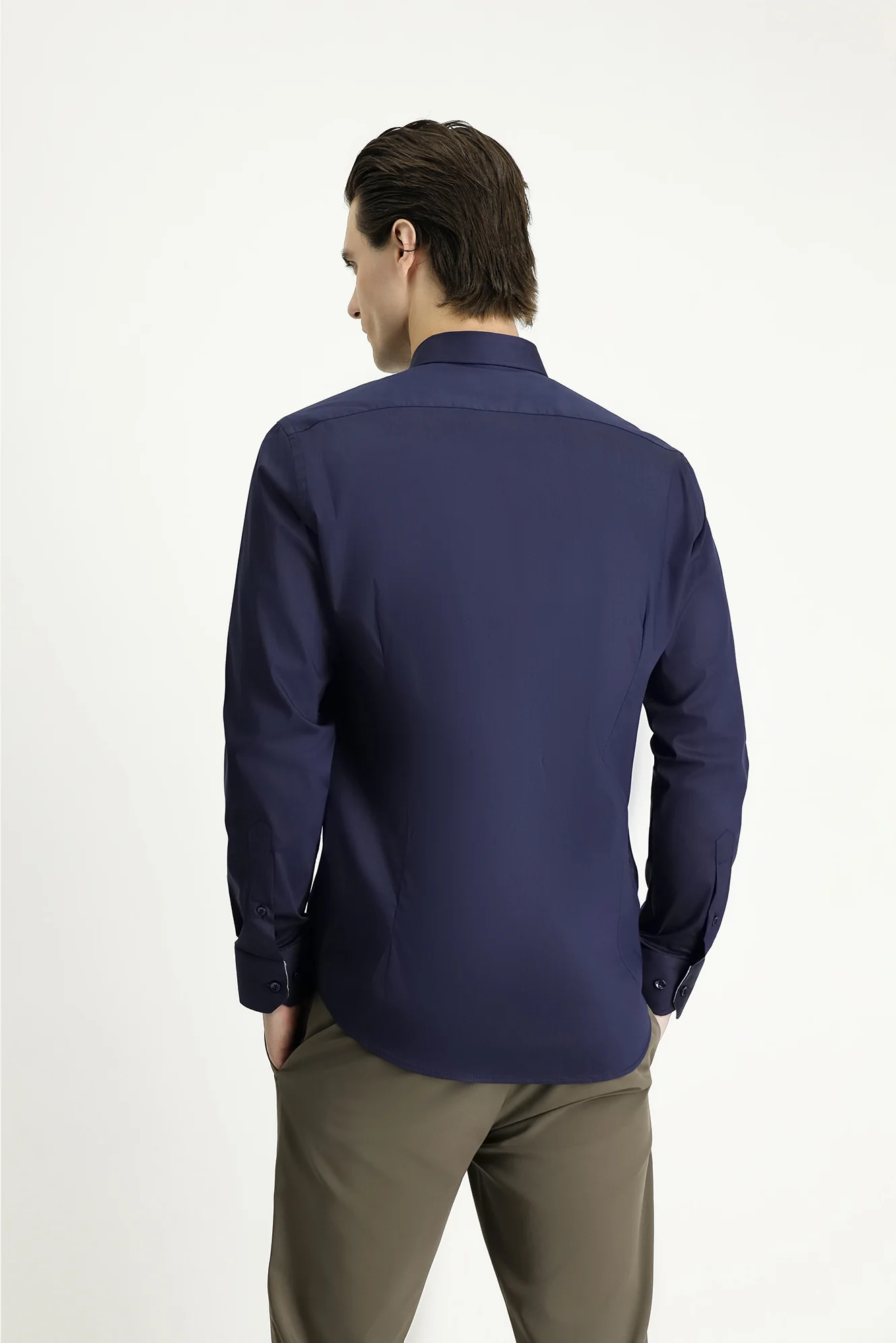 Koyu Lacivert Uzun Kol Slim Fit Dar Kesim Klasik Pamuklu Gömlek - Image 4