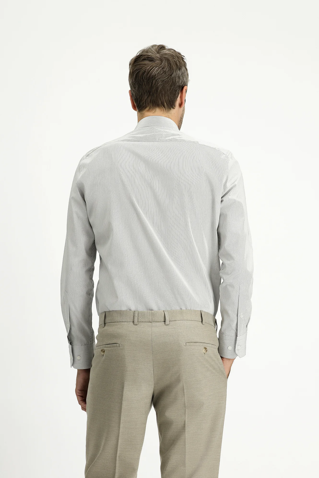 Koyu Lacivert Uzun Kol Slim Fit Dar Kesim Pamuk Çizgili Klasik Gömlek - Image 4