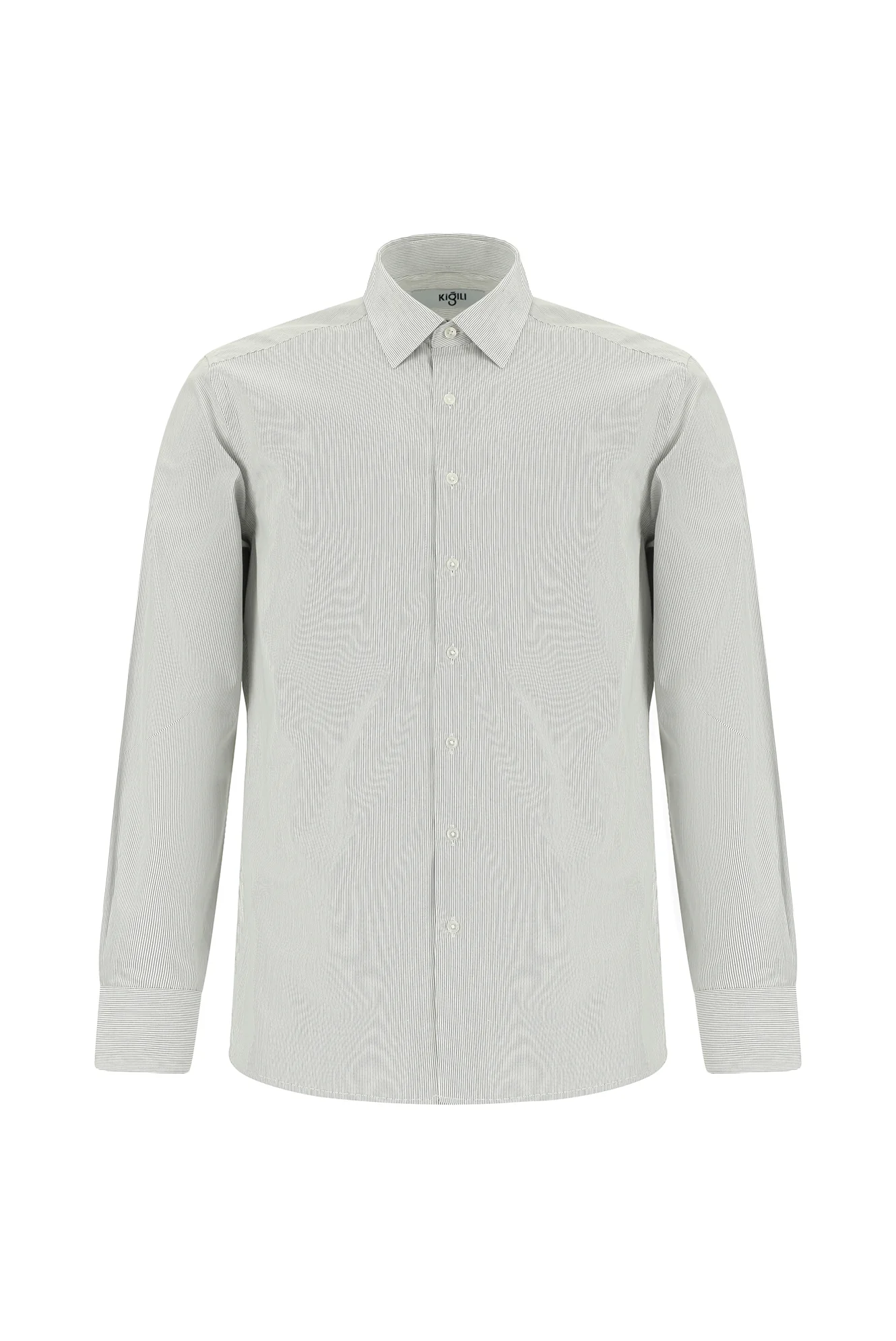Koyu Lacivert Uzun Kol Slim Fit Dar Kesim Pamuk Çizgili Klasik Gömlek - Image 7