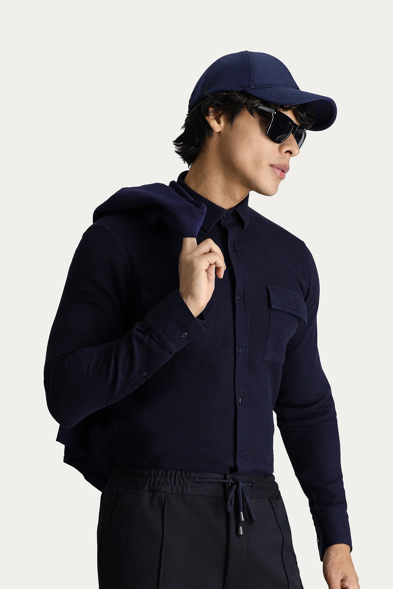 Koyu Lacivert Uzun Kol Slim Fit Dar Kesim Spor Pamuk Gömlek - Image 2