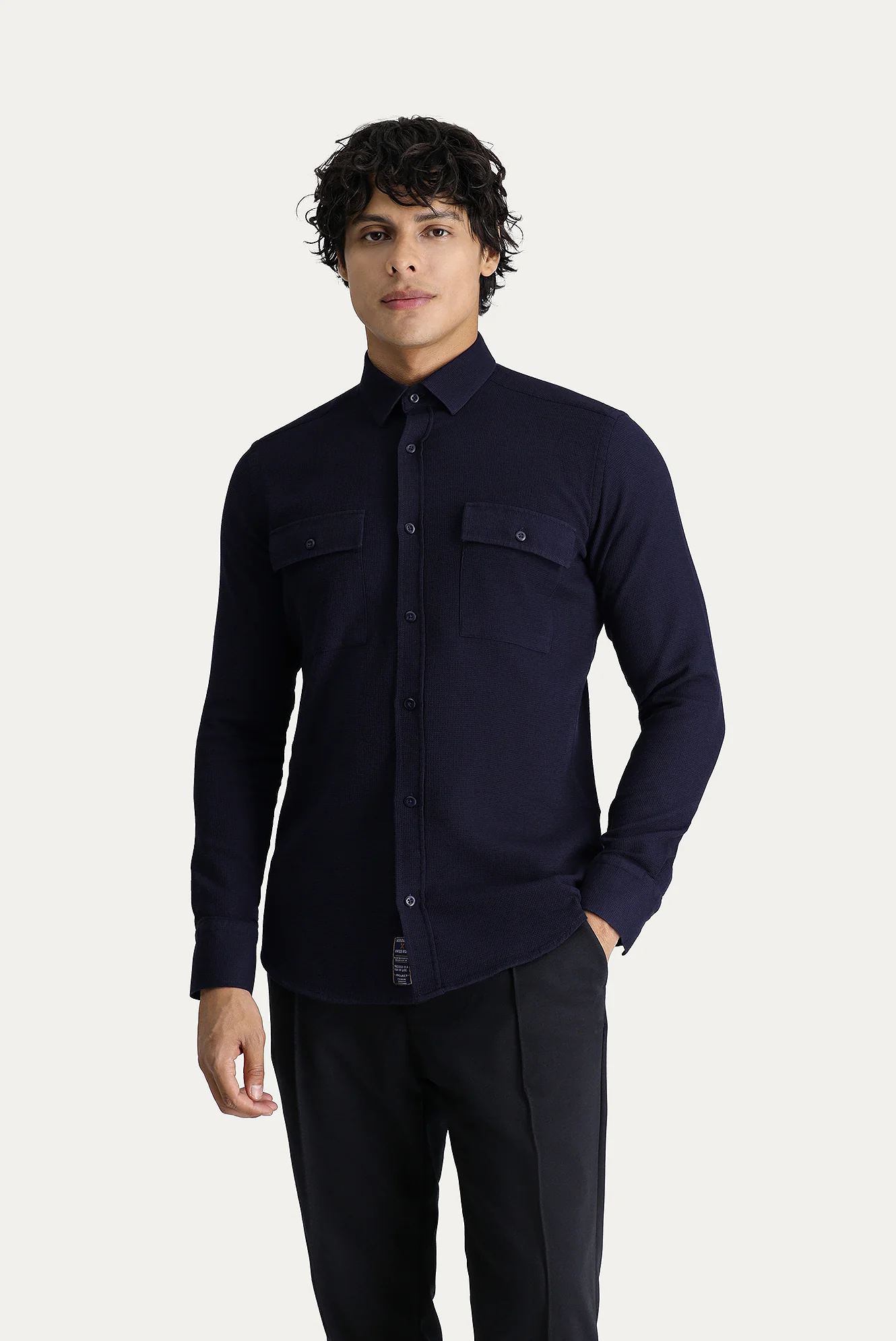 Koyu Lacivert Uzun Kol Slim Fit Dar Kesim Spor Pamuk Gömlek - Image 4
