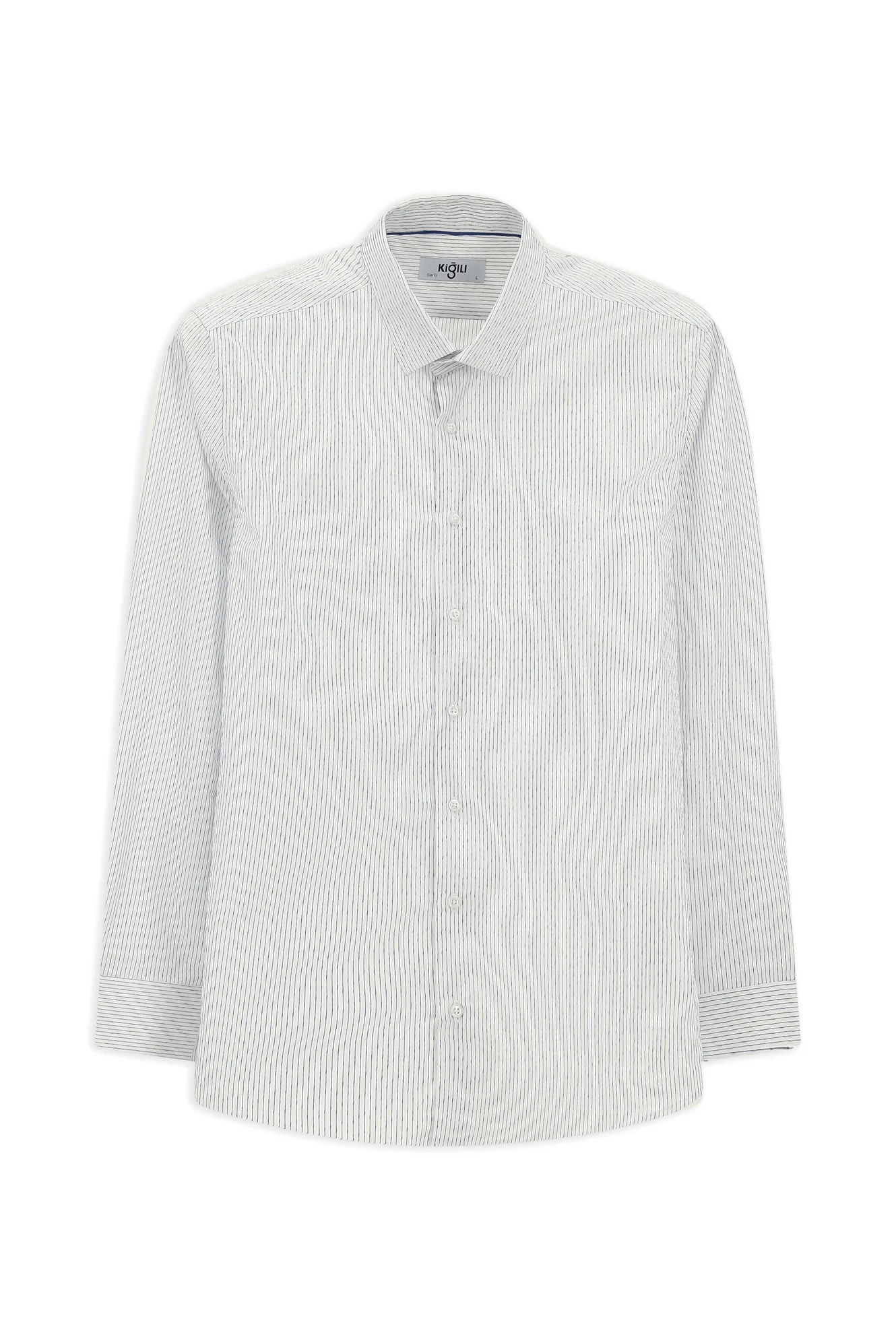 Koyu Lacivert Uzun Kol Slim Fit Dar Kesim Klasik Çizgili Pamuk Gömlek - Image 8